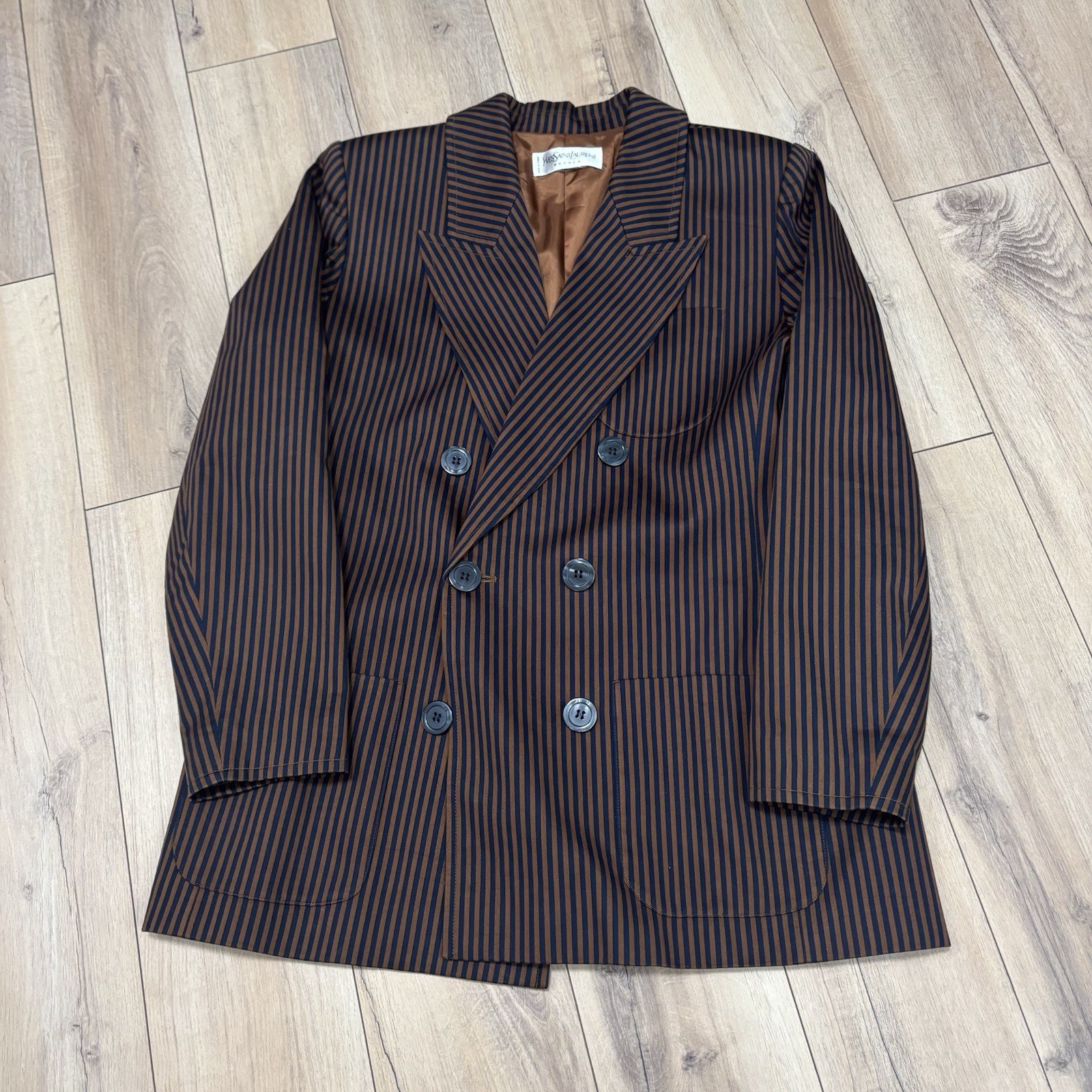 Vintage Yves Saint Laurent Encore Gold Black Cotton Blazer 22.5 in Chest France
