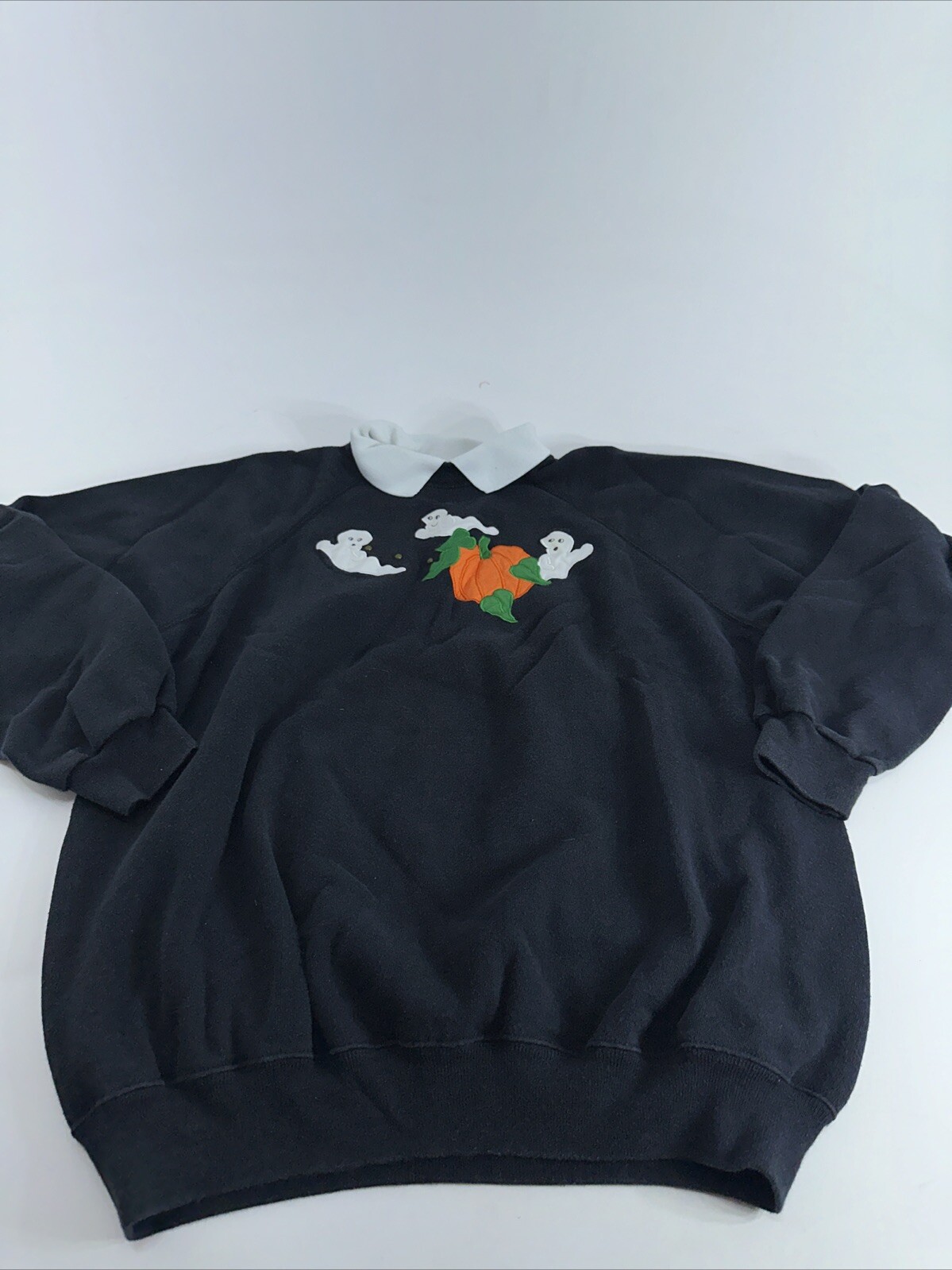 Black Collared Halloween Sweatshirt Pumpkin Ghost Hanes Size XL 46-48 Unisex