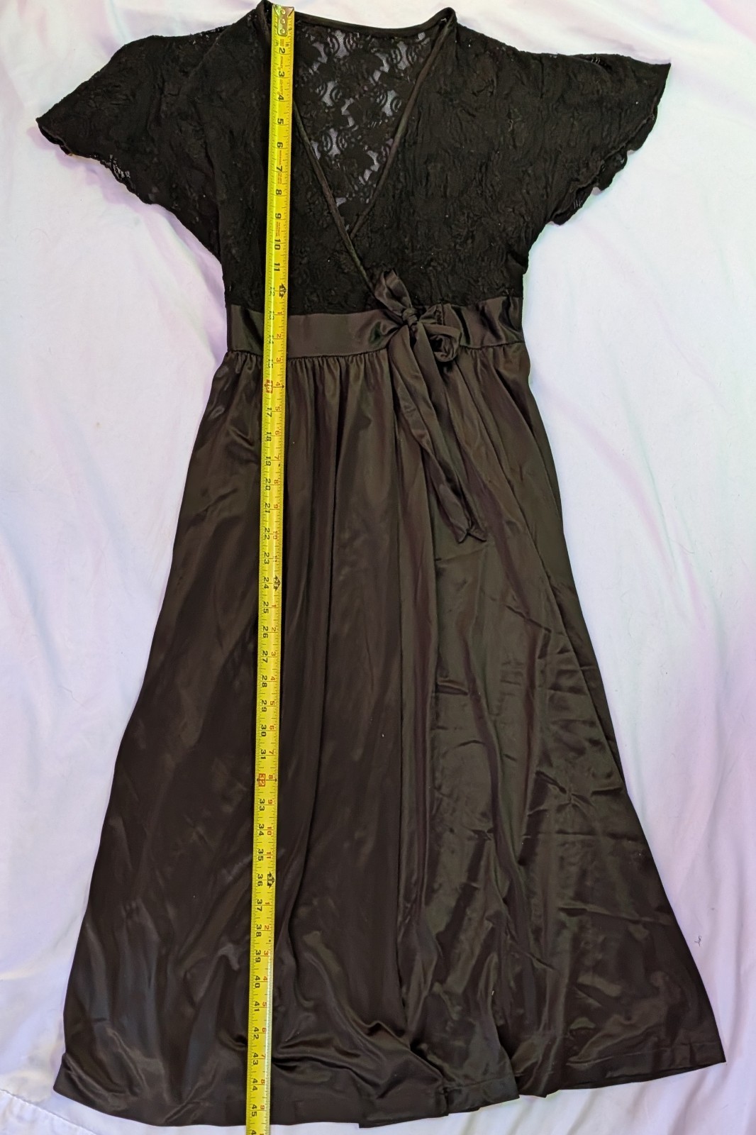 Black Wrap Robe Woman Dress Maxi Sz M Goth Lace Bodice Nylon Skirt Waist Tie Y2K