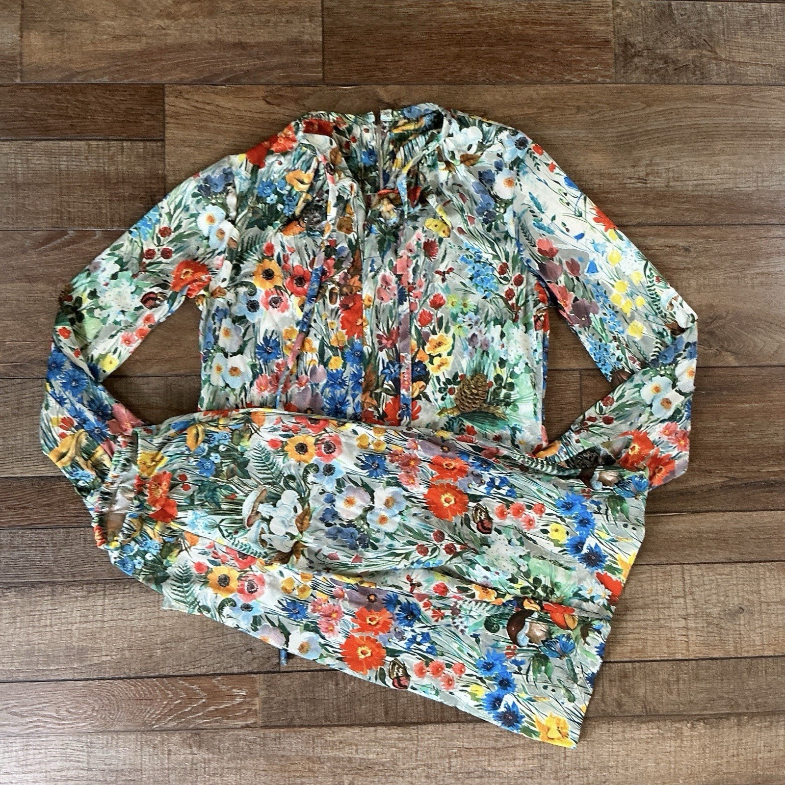 70s VTG Floral 2pc Set Blouse Skirt Size 14 Mushroom Butterfly Cottagecore #1D6