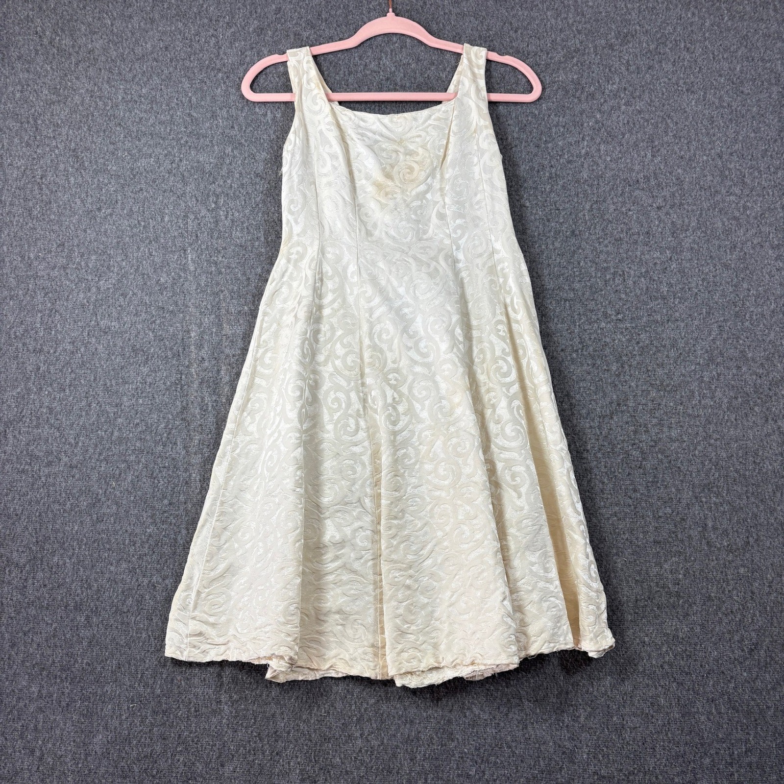 Vintage 50s Cream Swirl Jacquard Fit and Flare Dress Sleeveless Mid-Century XS