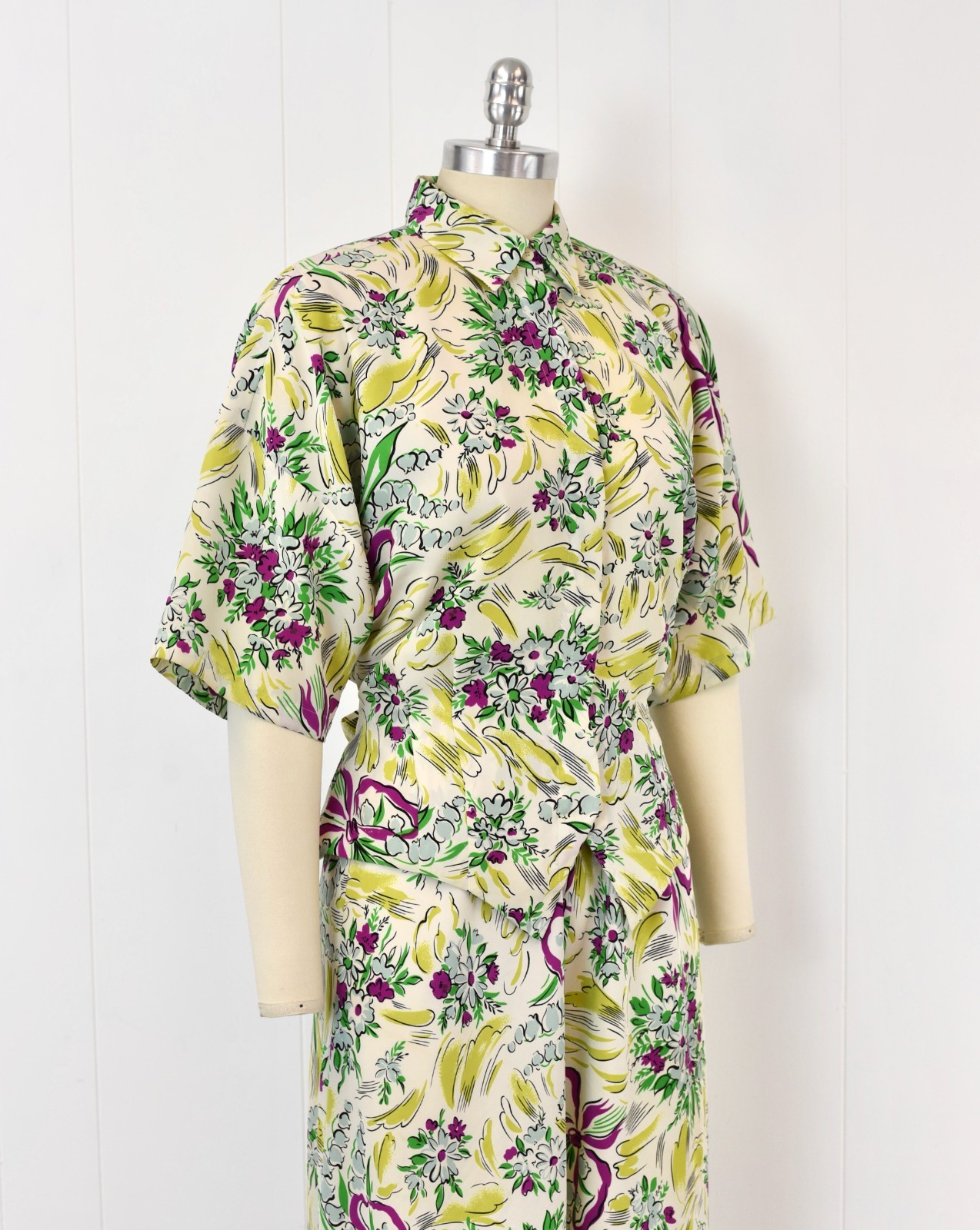 Vtg 1980s Norma Kamali Floral Ribbon Novelty Print Blouse Palazzo Pants Set
