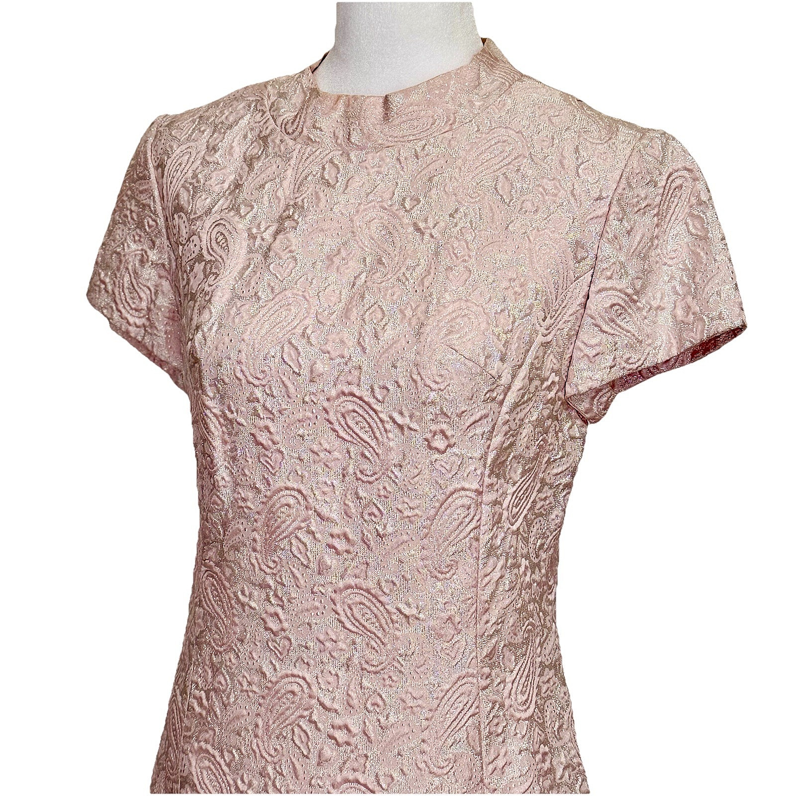 Vtg Party Dress 60s Paisley Pink & Silver Brocade Mod Cocktail Harmay S 6 36