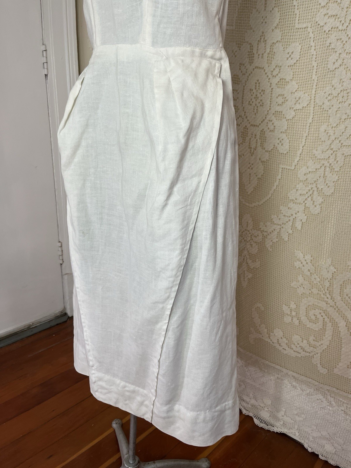 Vintage 1940s White Linen Strapless Dress Cutwork Summer Formal Wedding 40s