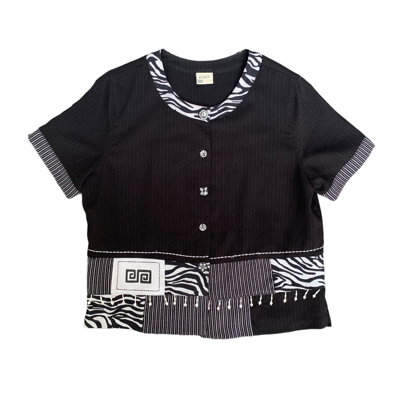VTG KORET Black Zebra Abstract Top Button Blouse Shirt w Shoulder Pads Women&rsquo;s M