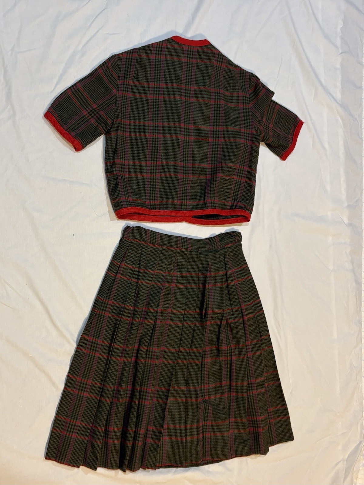 Vintage 60s Carole King 2 pc Multicolor Plaid Red Trim Academic Skirt Suit Mod