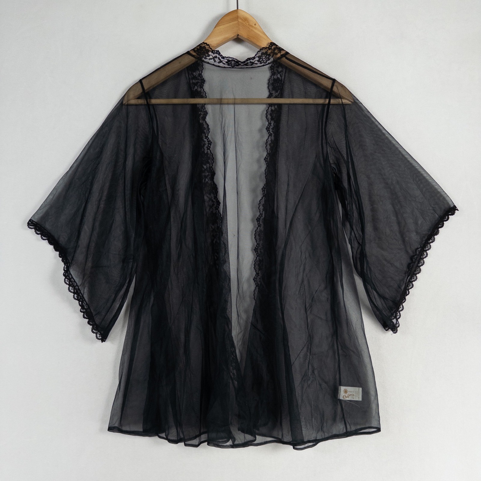 Vintage Made In California Lingerie Topper Kimono Sz Small Black Sheer Lace Trim