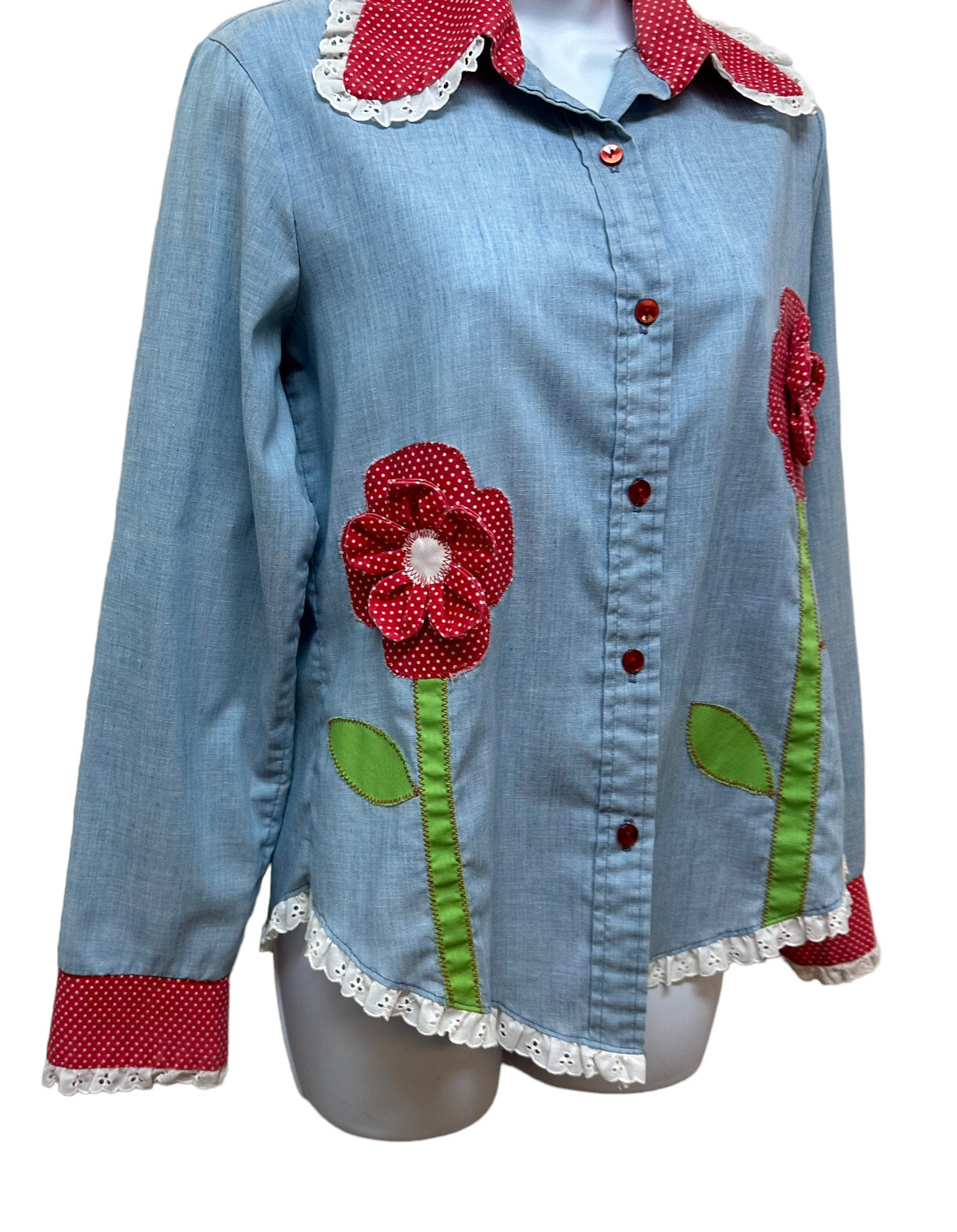 Vintage Eyelet Ruffle Patchwork Hippie Chambray Blouse Shirt Top Kitschy Flower