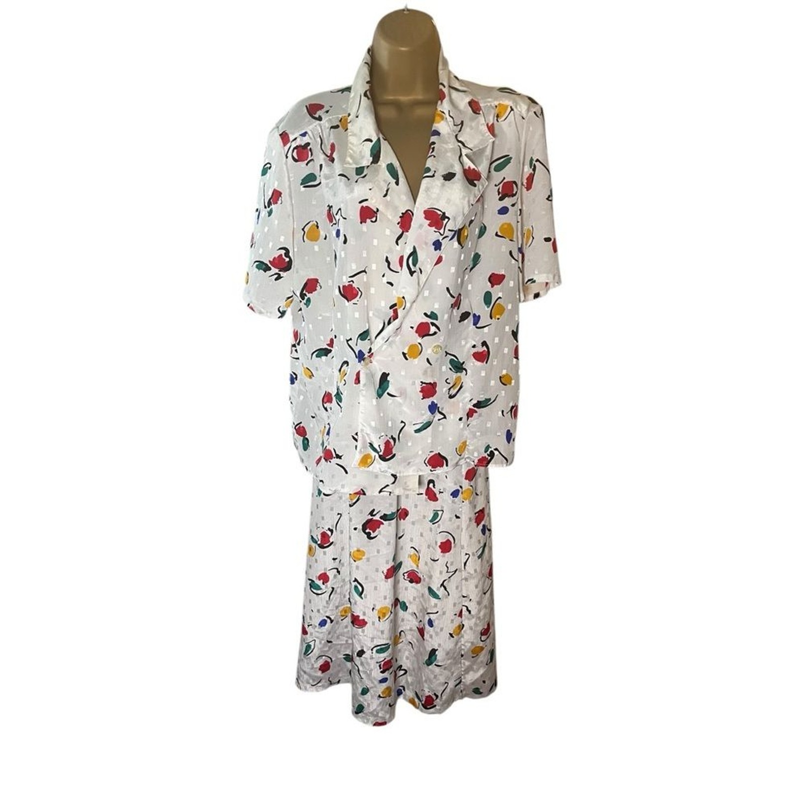 Vintage 80s Russ 2-Piece Button Front Top Skirt Set Crinkle White Combo 14