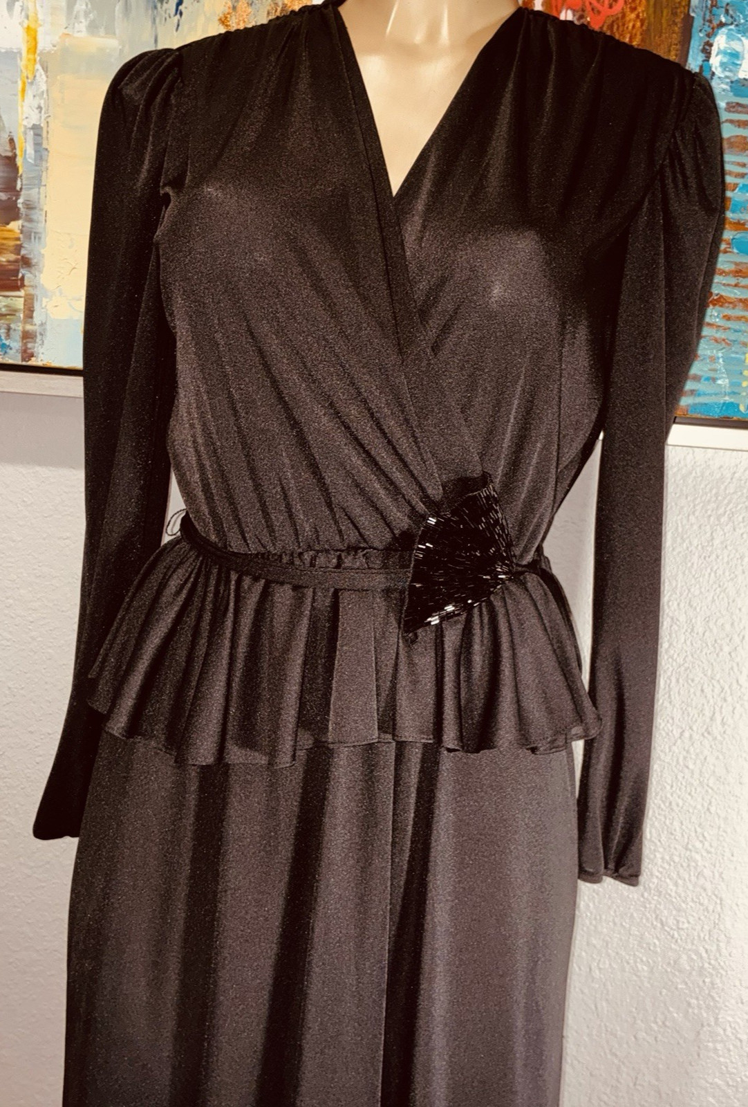 Vtg Billy Jack For Her Black Peplum Cross Wrap Dress 9 10