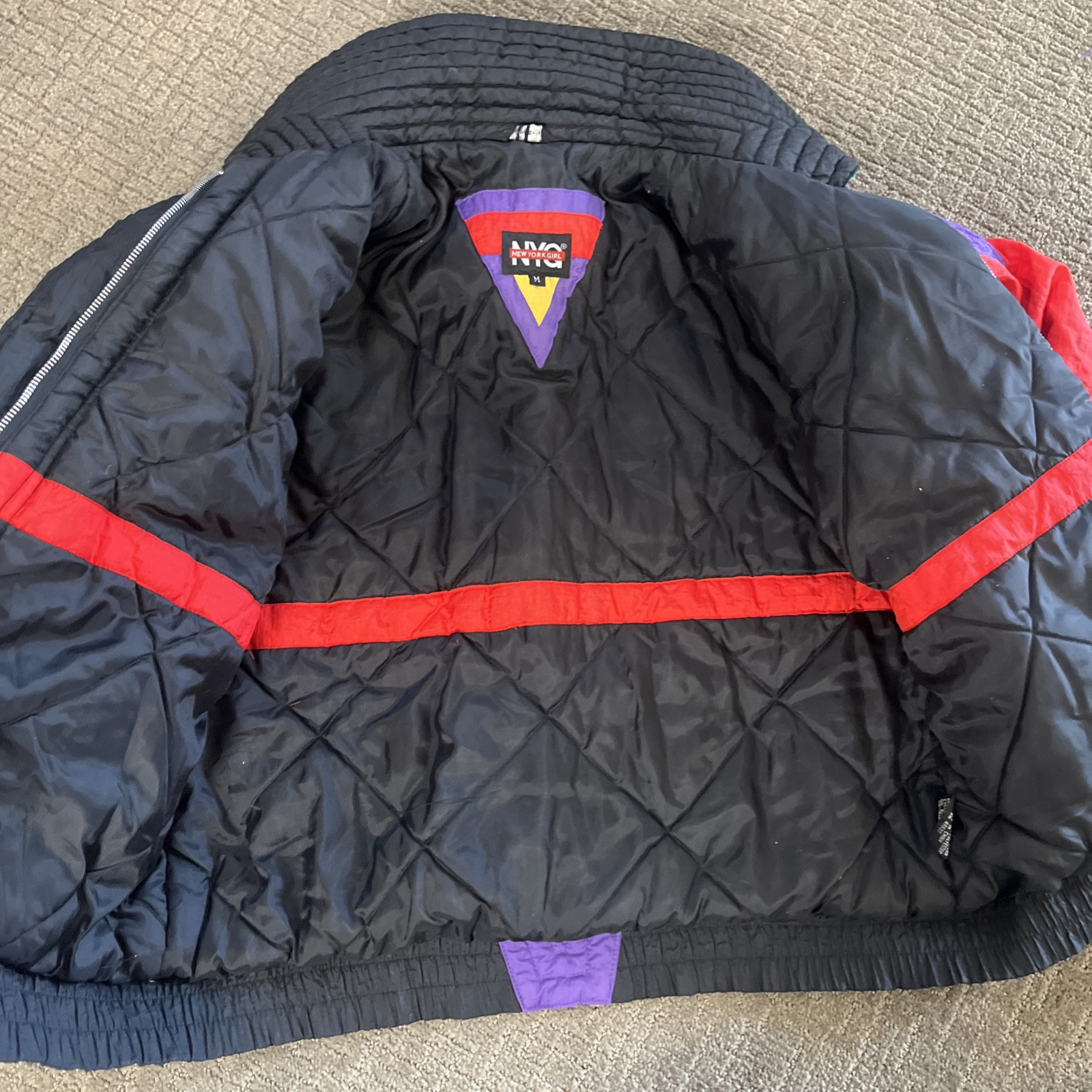 Ski Jacket Color Block Nylon Green Purple Pink New York Girl Size Medium VTG ‘80