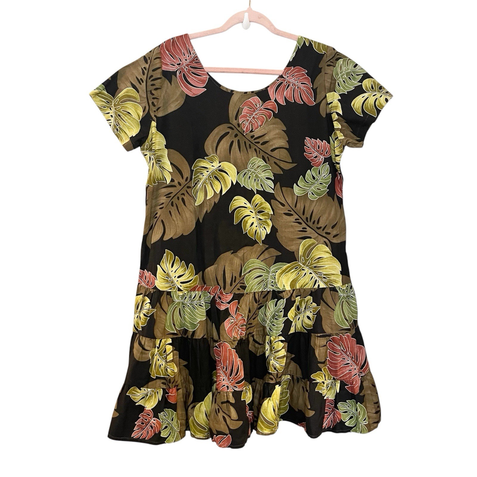 Vintage 70s Black Palm Leaf Floral Hawaiian Cotton Short Sleeve Dress Tiered L