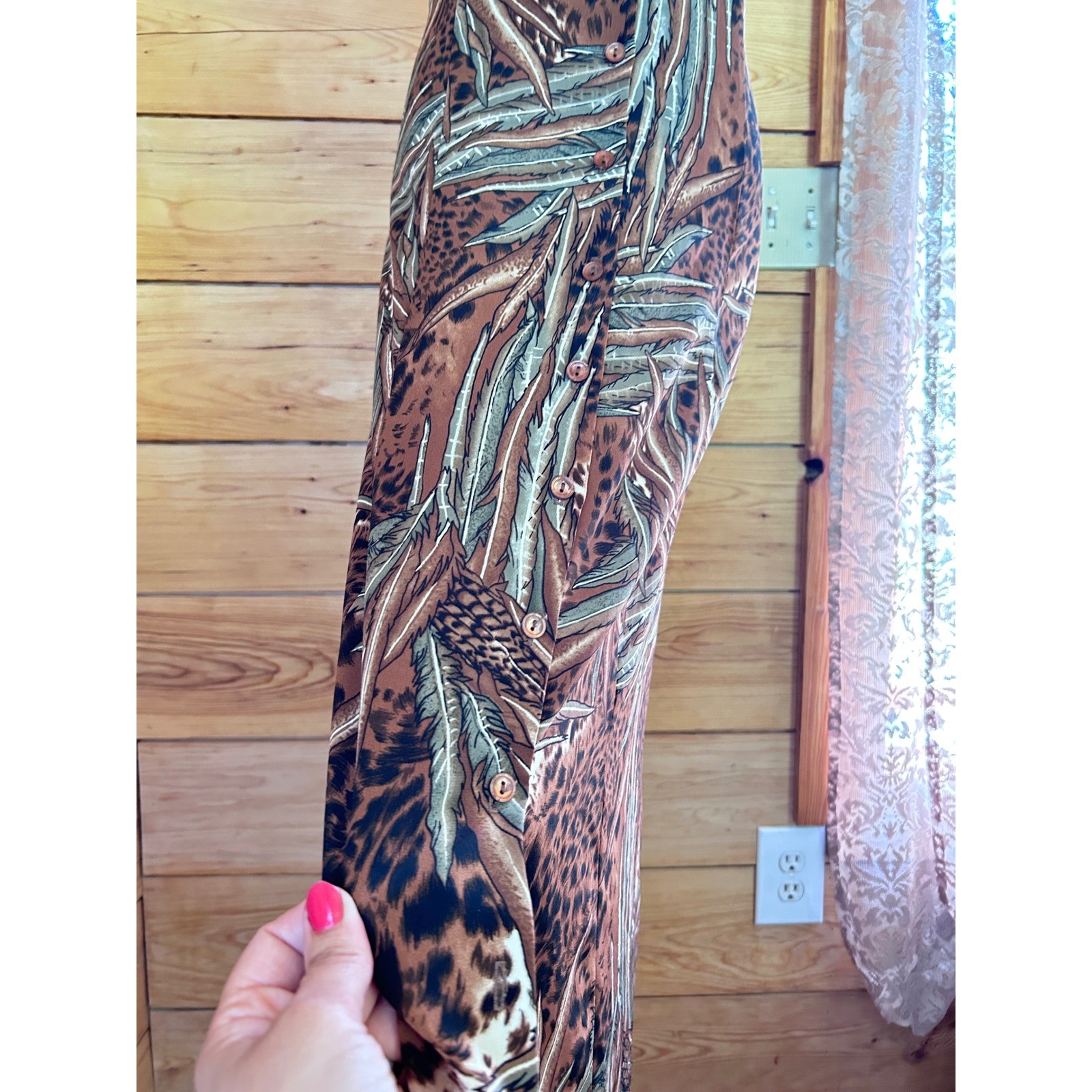 Vintage Maxi Dress Size 14 Brown Leopard Palm Leaf East West Fashions Retro 90&rsquo;s