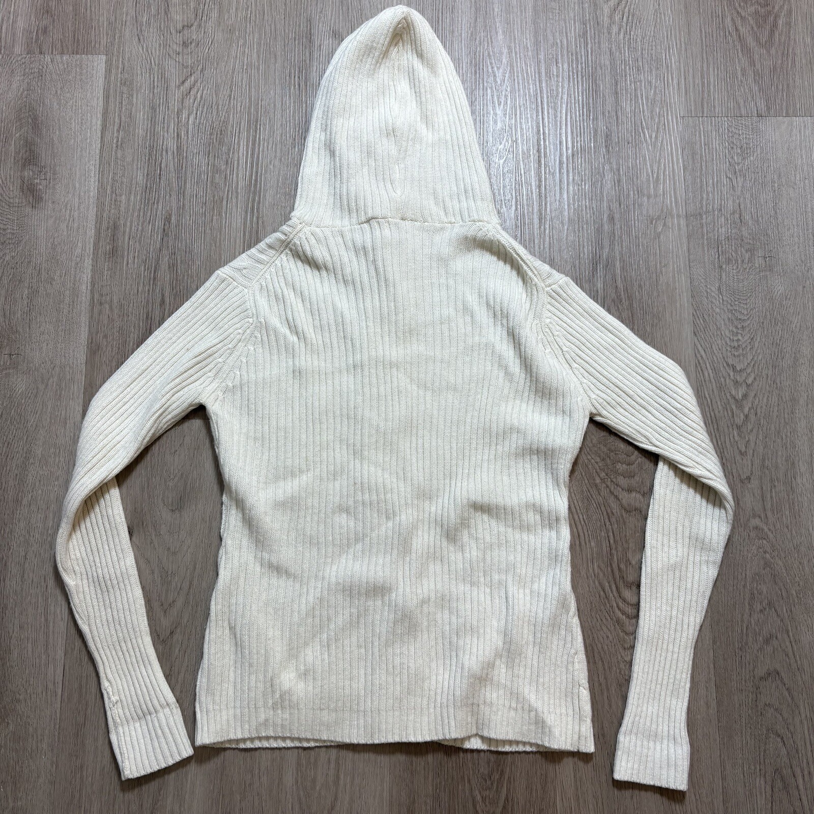 Vintage Montgomery Ward Cable Knit Hooded Cardigan Sweater Ivory w/ Wood Buttons