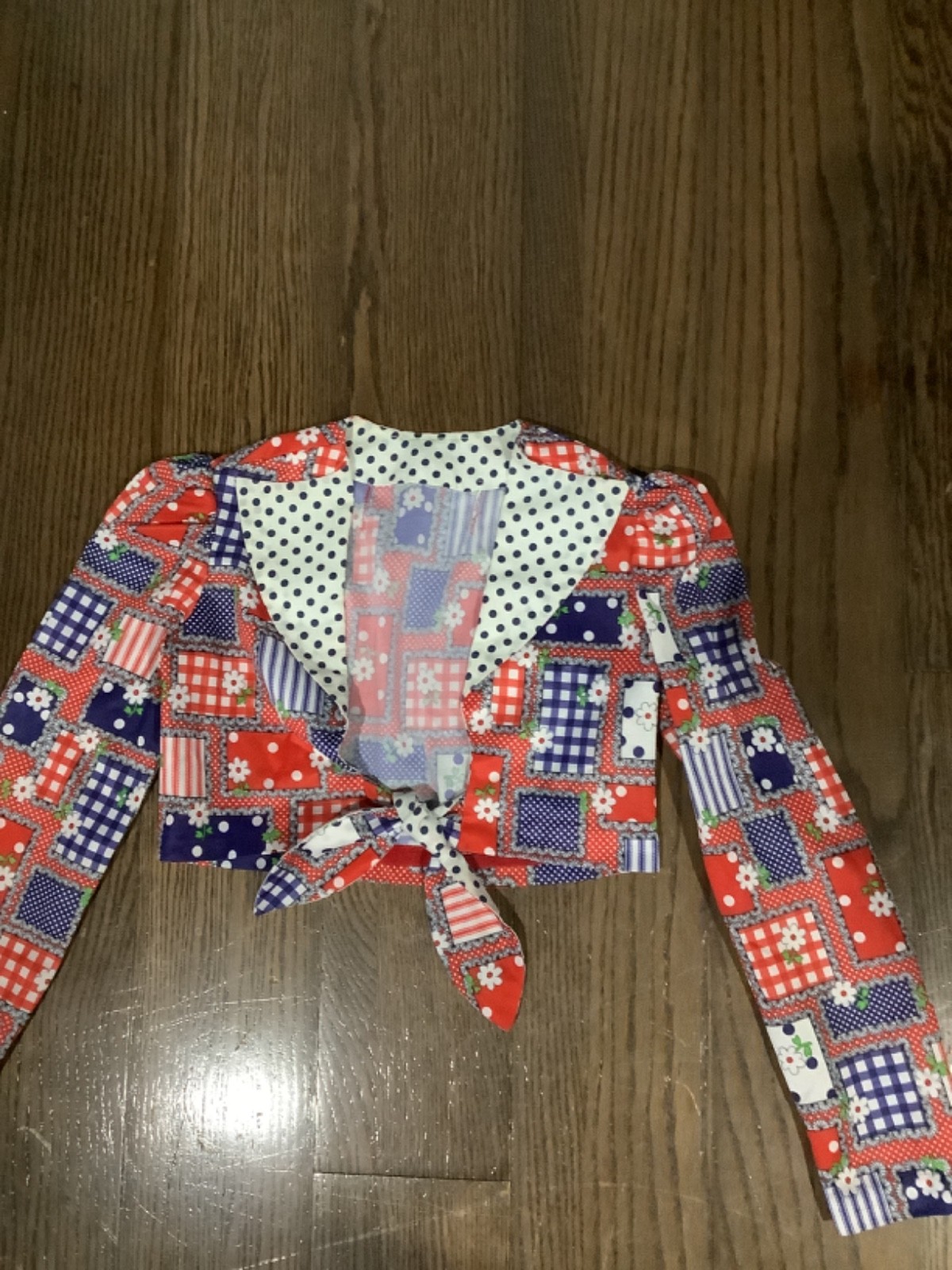 vintage 1970s red white n blue patchwork boho sexy open blouse hippie XXS