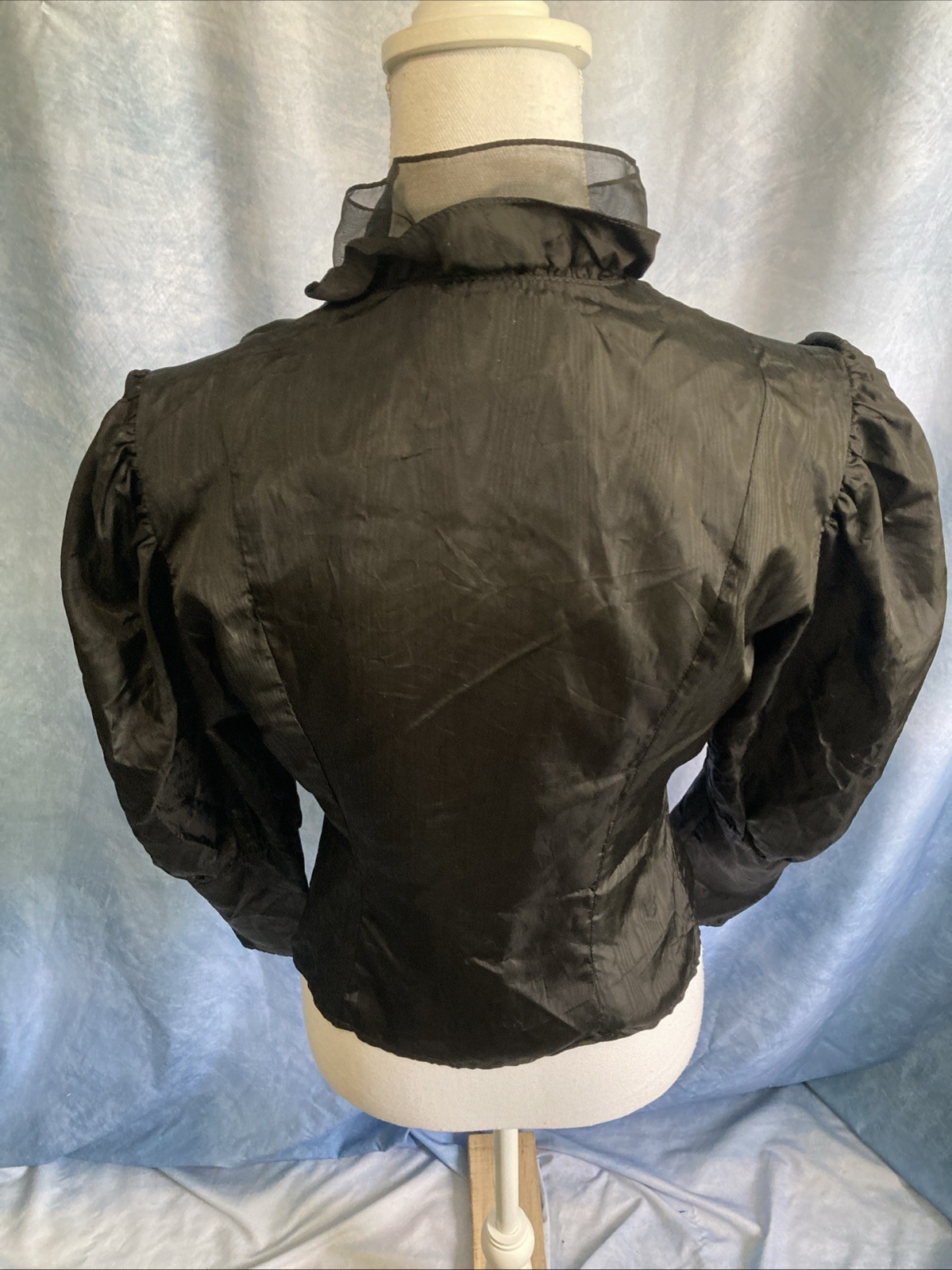 Vtg 80s Debut Goth Victorian Ruffle Jacket Blouse Acetate Balloon Sleeve Black