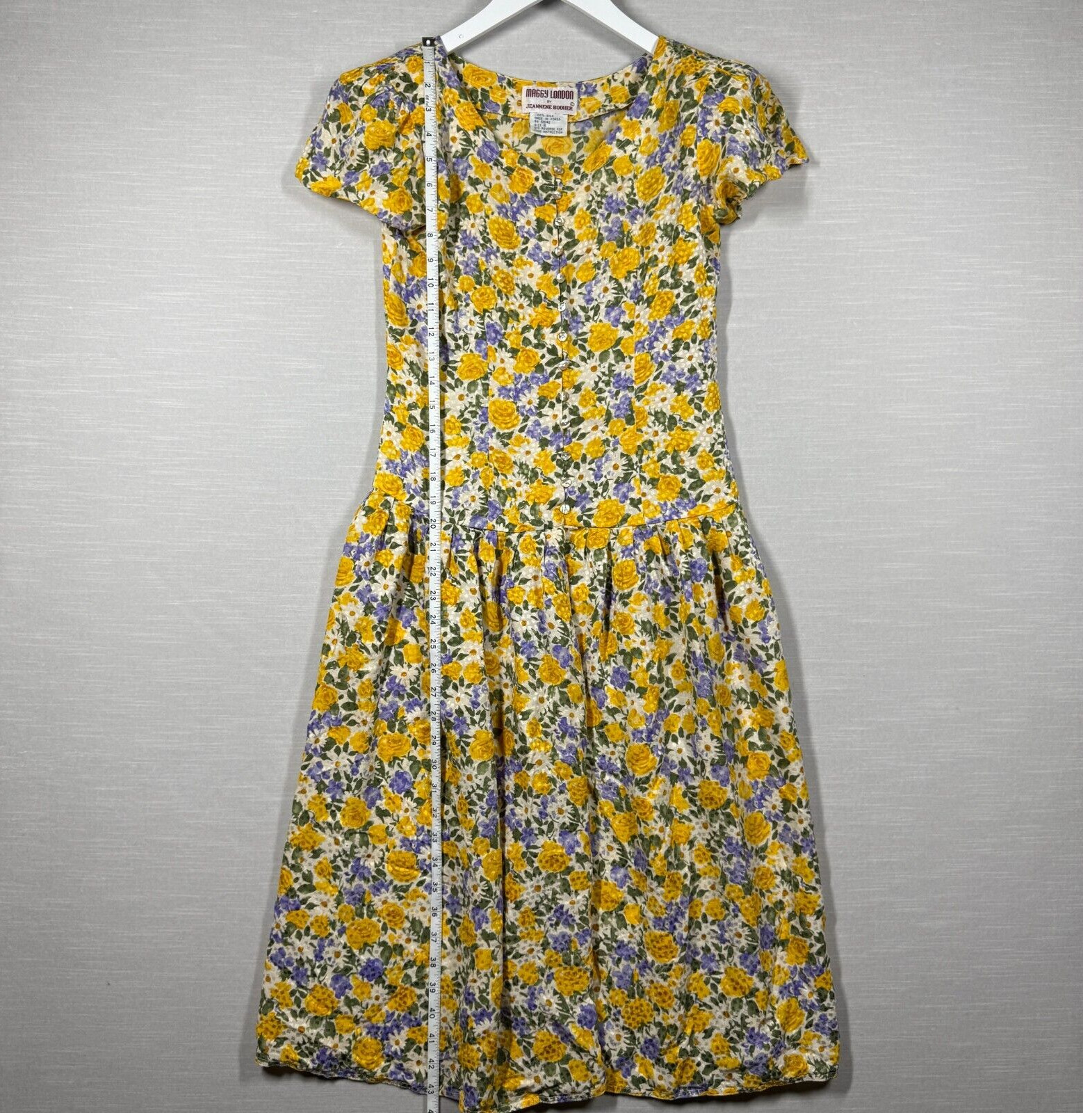 Vintage Maggy London Dress Womens 6 Yellow Button Up Pleated Romantic 80s Silk
