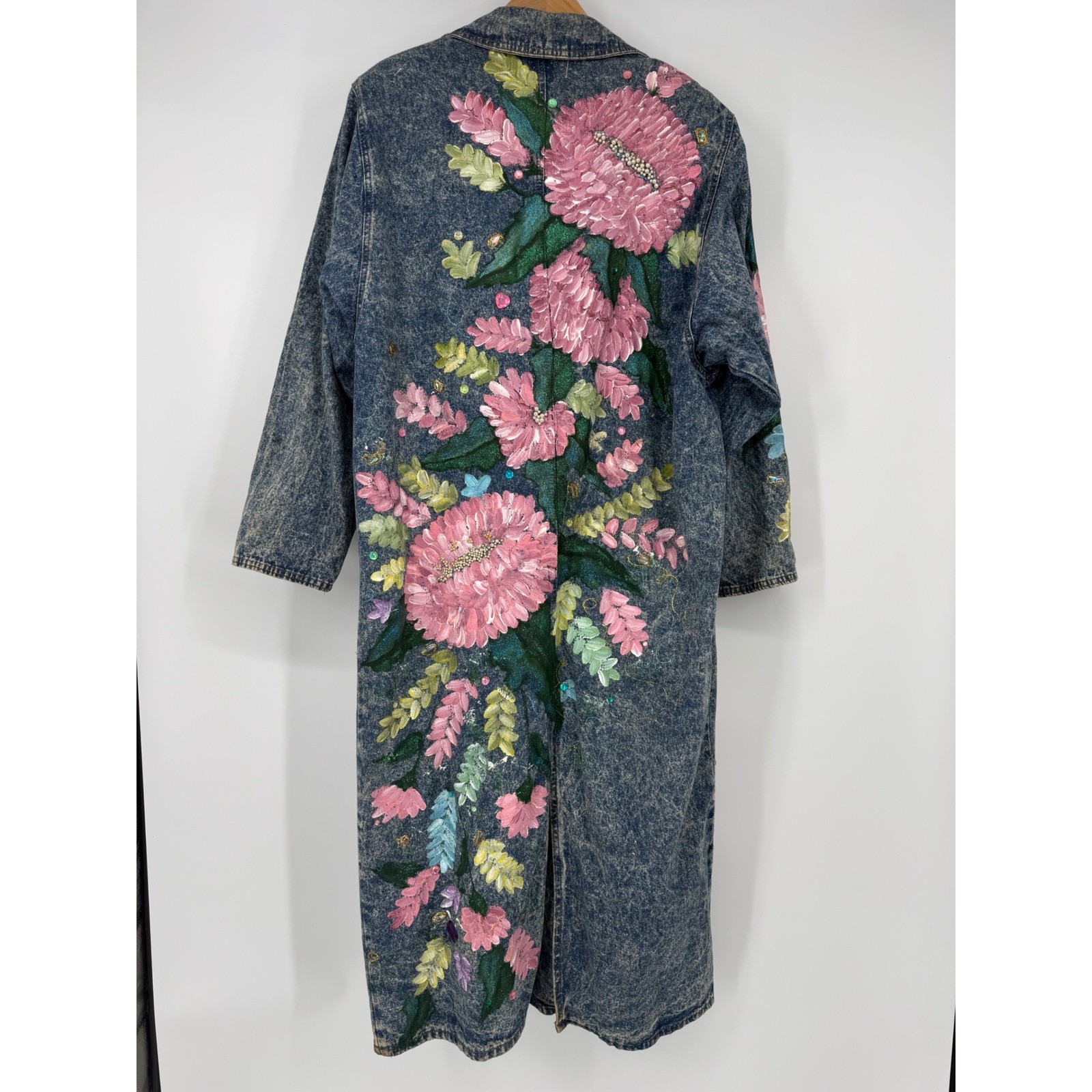 Vintage Fit America Womens Large Denim Trench Coat Hand Painted Floral Acid Wash