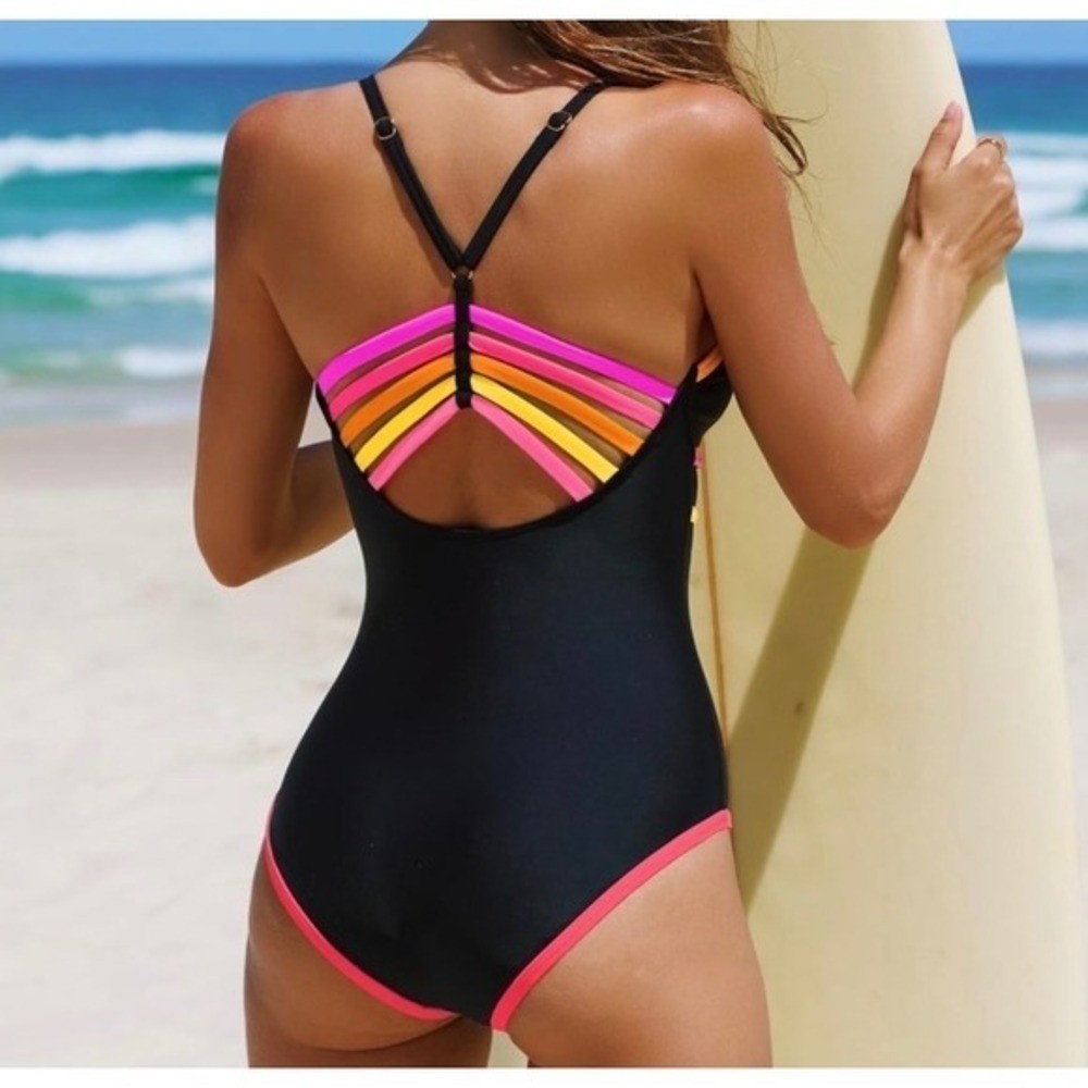 NWT Popvil Neon Color Block Strappy Back One Piece Swimsuit Medium