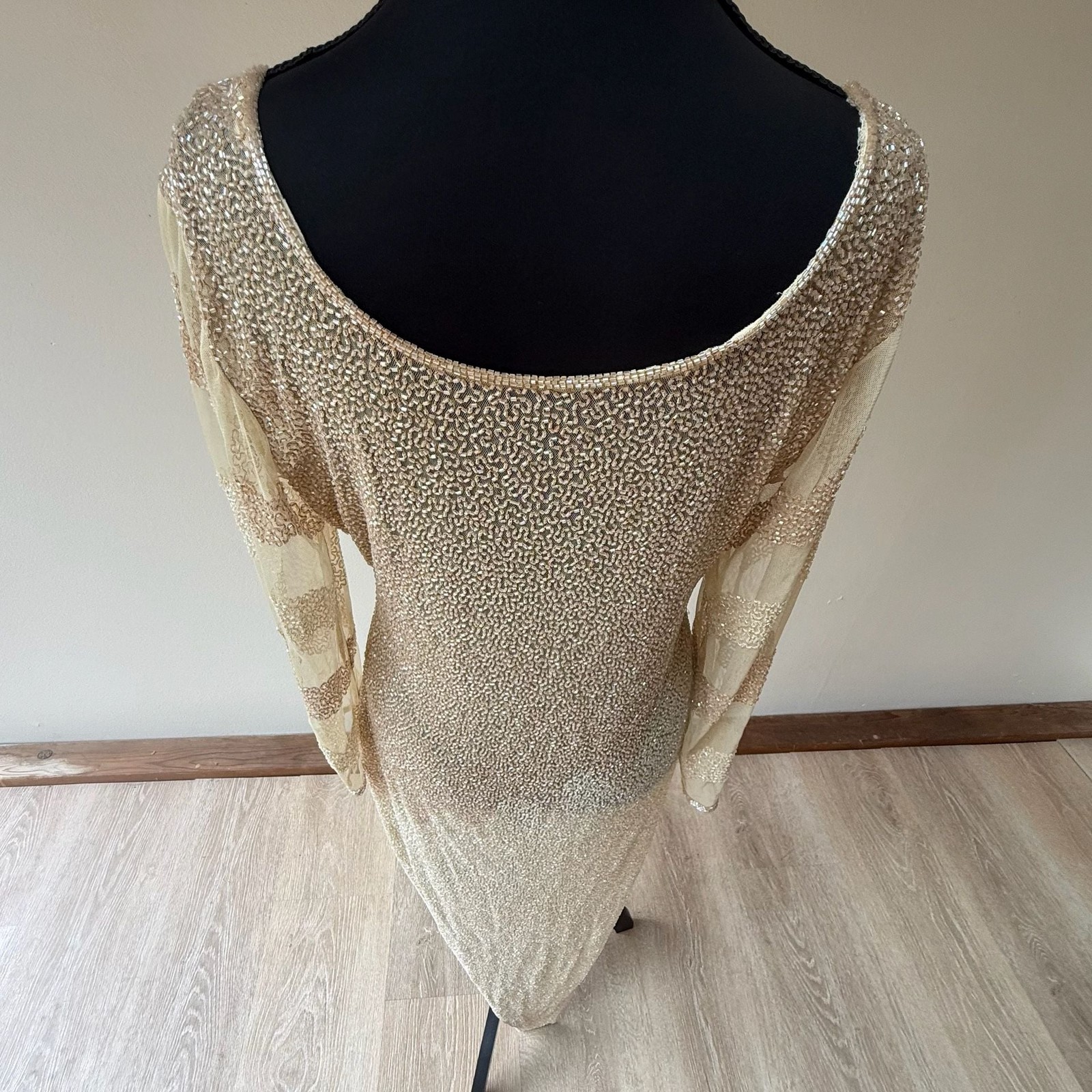 Vintage Fully Beaded Sequined Cream Asymmetrical Shirt Dress Sheer