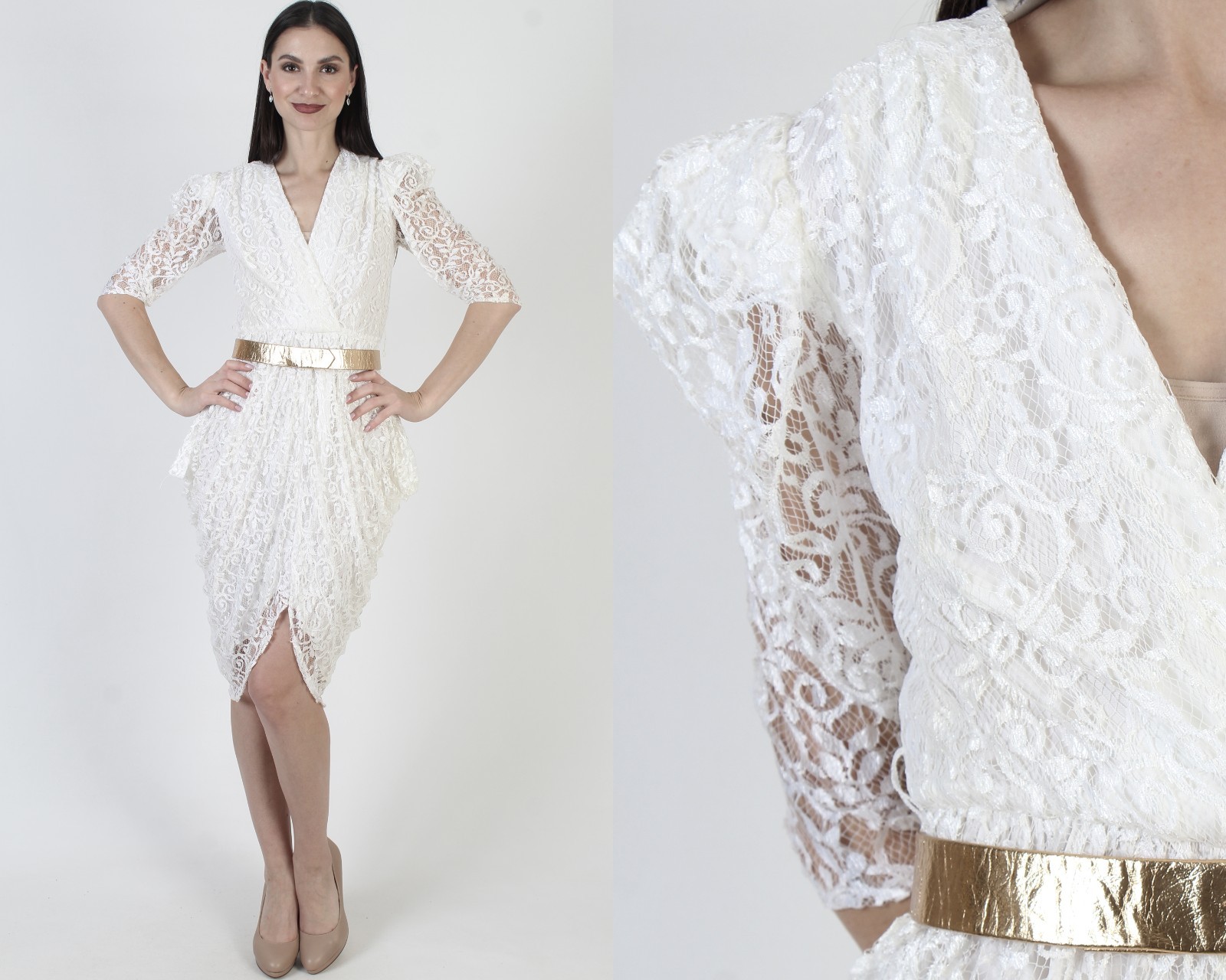Vtg Wht Lace Asymmetrical Dress Hi Lo Hem Tulip Skirt Cocktail Bridal Wrap Gown