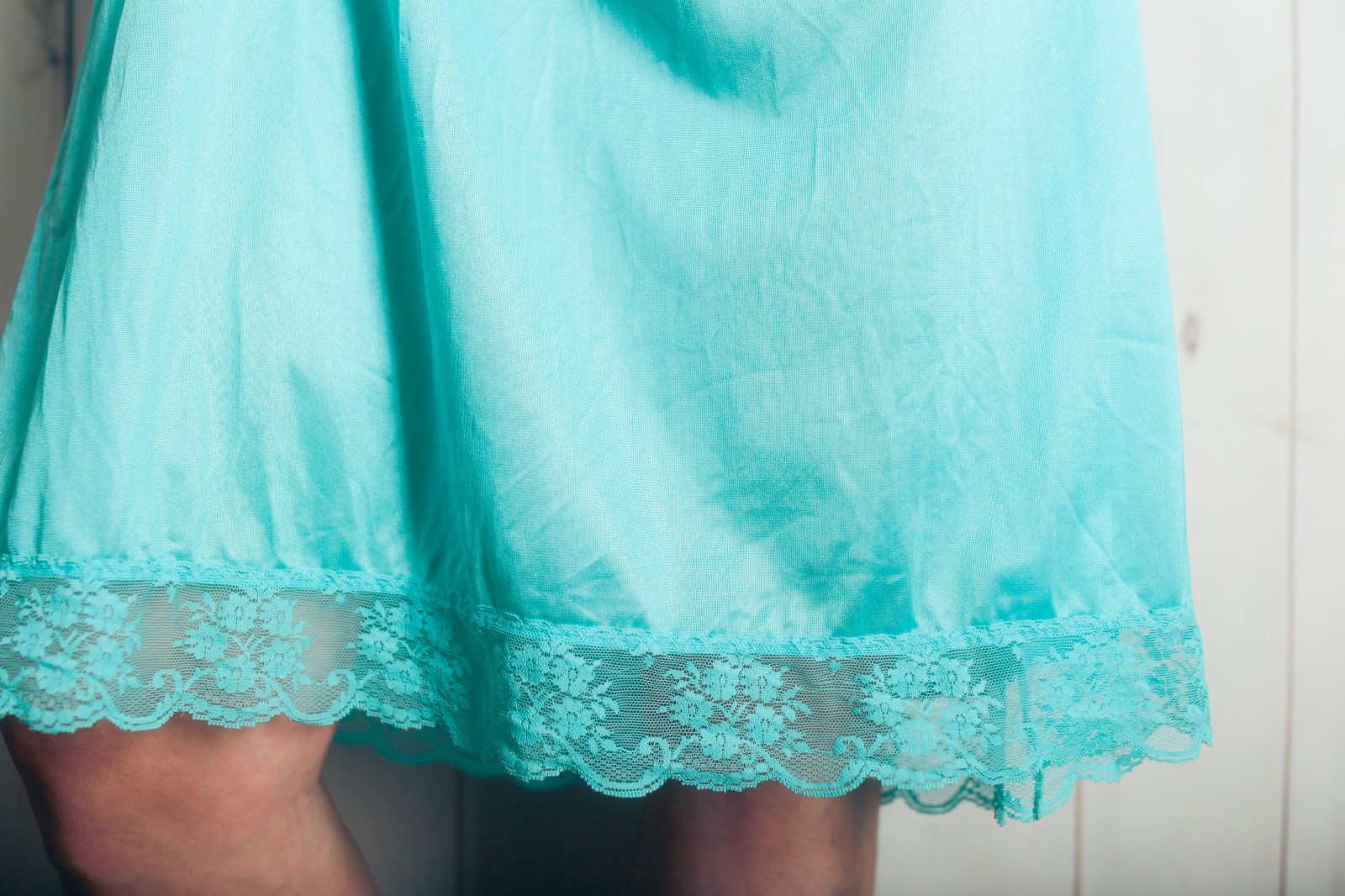 Flair Lingerie Vintage Retro Glam 80s Satin Sheer Lace Peignoir Slip M Aqua Blue