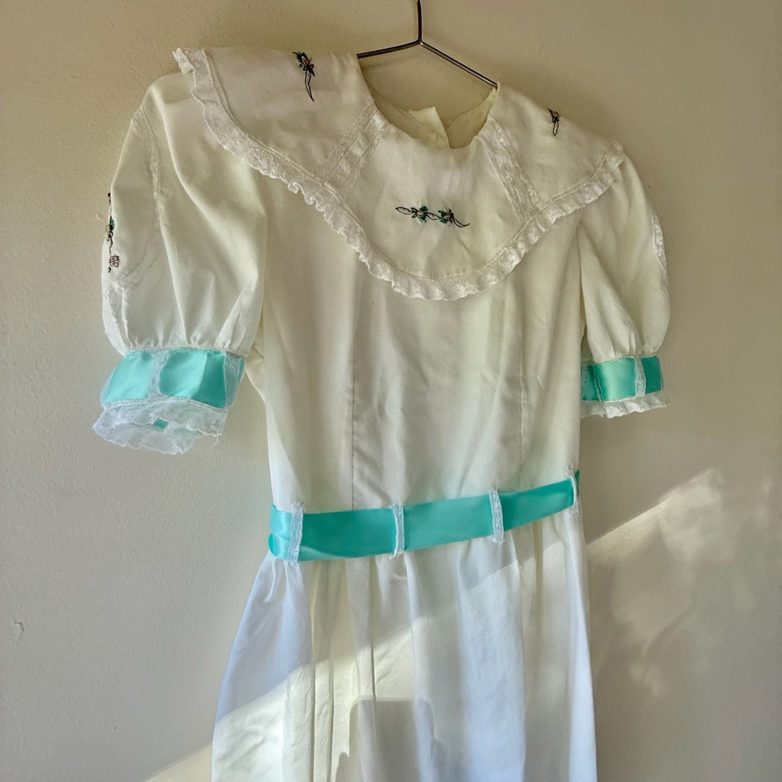 Vintage White Cotton Tea Dress with Aqua Ribbon Sash & Floral Embroidery