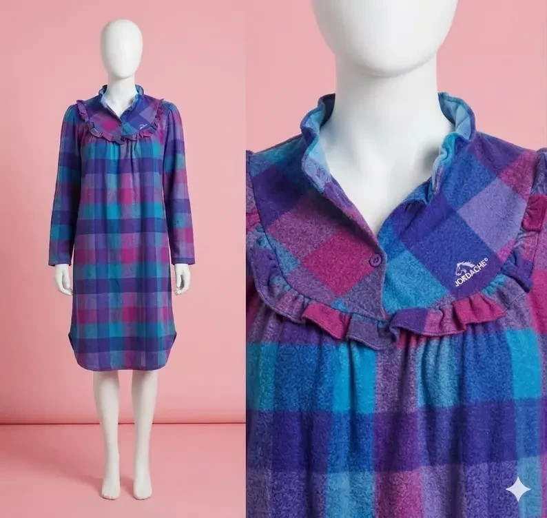 1980s Jordache Jewel Tone Buffalo Plaid Frilly Fleece Nightgown Size M