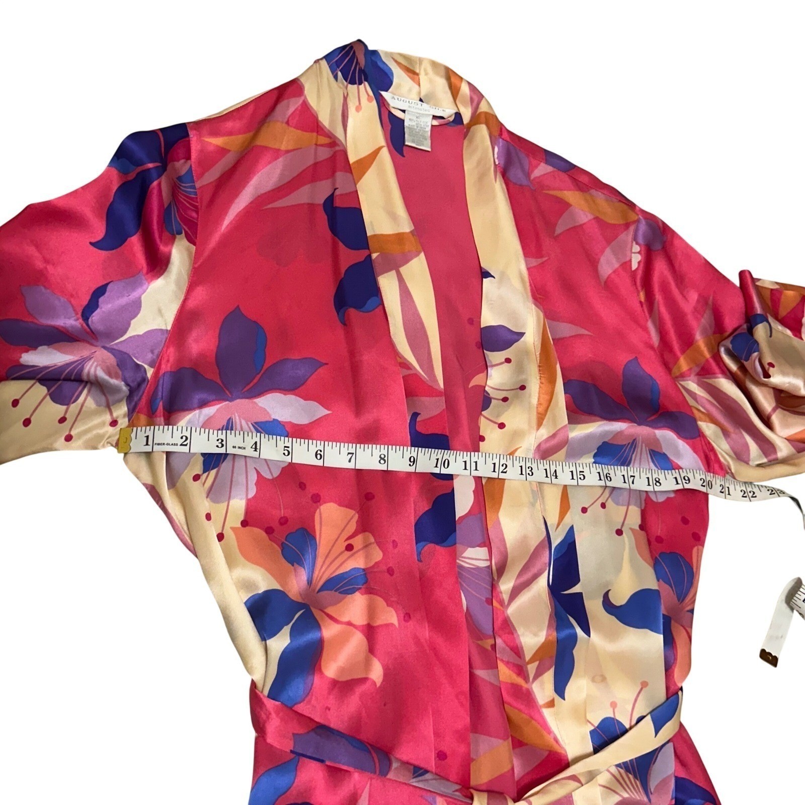 August Silk Intimates Pink Floral 100% Silk Vintage Long Wrap Robe XL Tropical