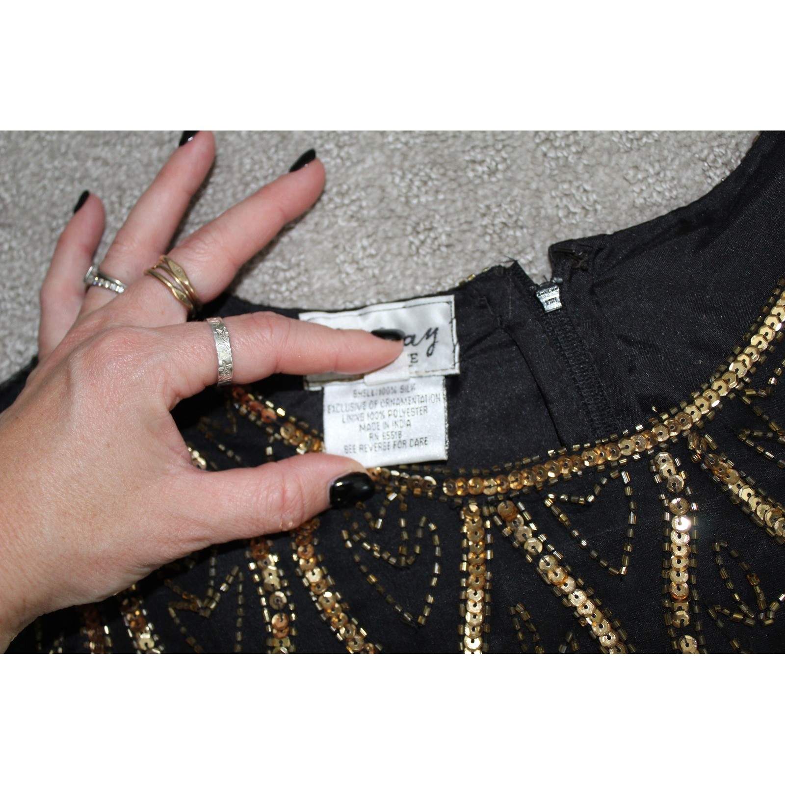 VTG Stenay Petite Gold Sequin Beaded Evening Top Black Art Deco Scalloped PL