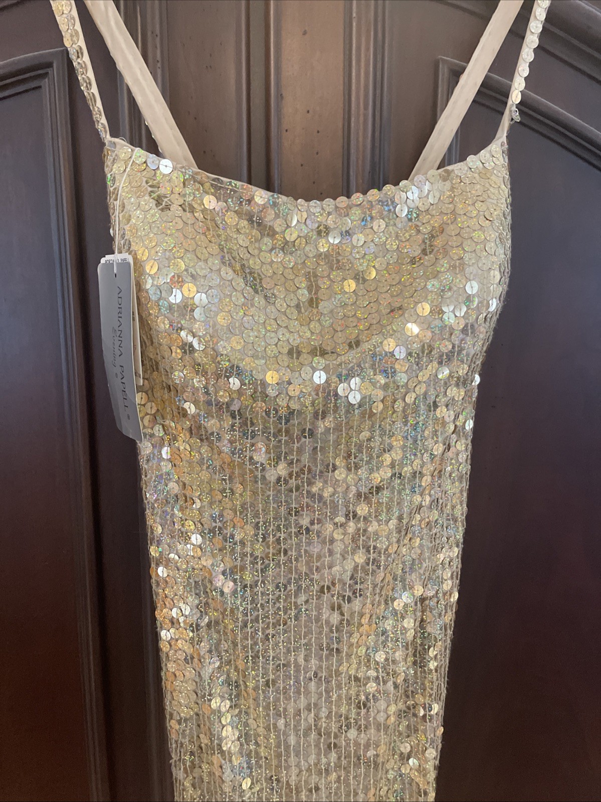 Vintage Adriana Gold sequins spaghetti Strap long, Stretch cocktail dress Sz 10