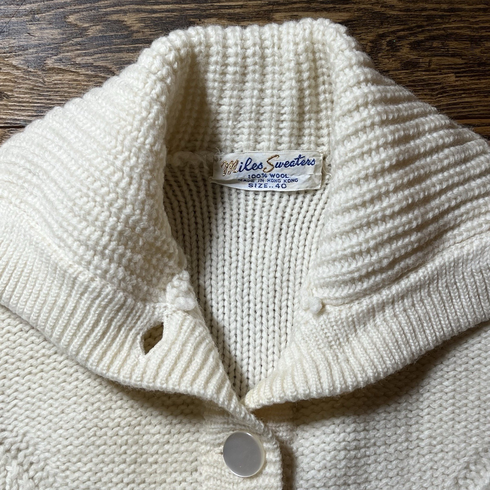 Vintage 60s Miles Sweaters Leaf Pattern Knit Cardigan Shawl Collar Wool Sweater