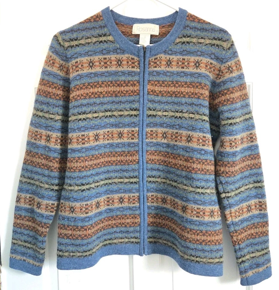 Vtg Rosanna 100% Lambs Wool Full Zip Fair Isle Sweater – Womens Medium