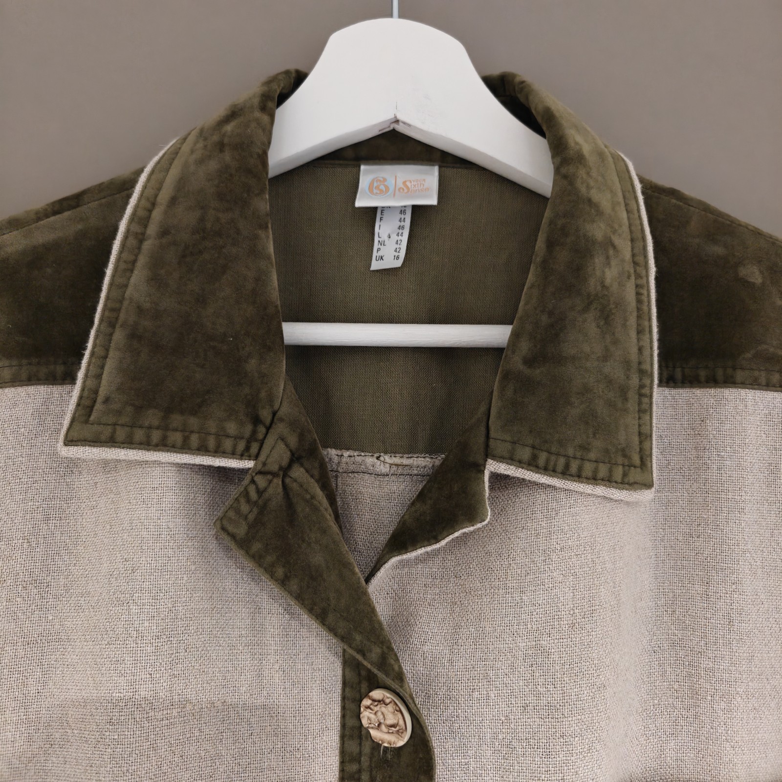 Your Sixth Sense C&A Linen Blend Blouse Vintage Beige Khaki Velvet Trim UK 16