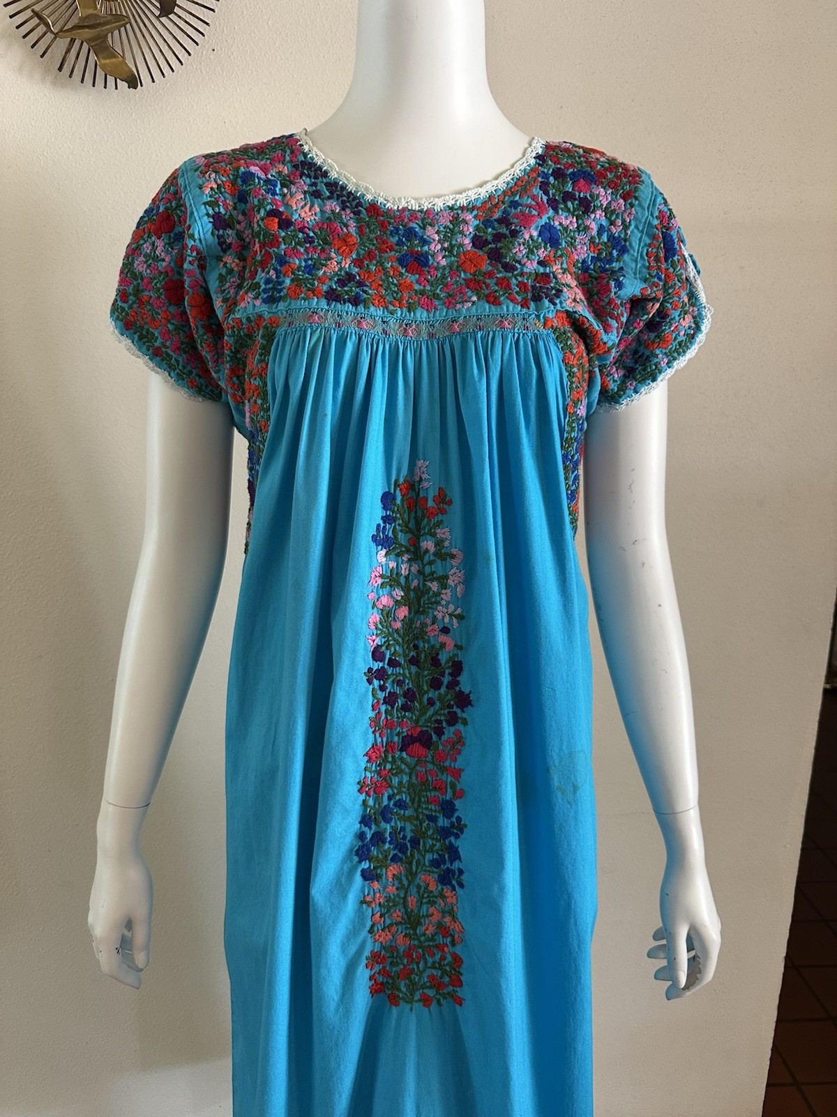 1970s Cotton Oaxacan Mexican Huipil Dress Embroidered Maxi STAINED AS IS Vintage