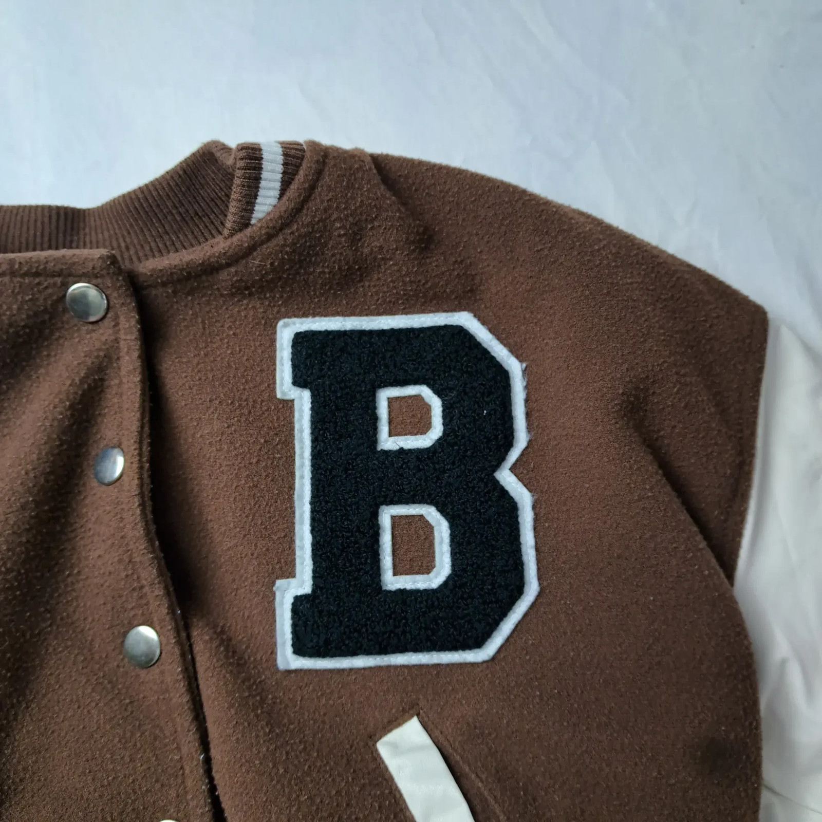Love Tree Womens Small Brown Letterman Varsity Jacket Wool Blend Faux Leather