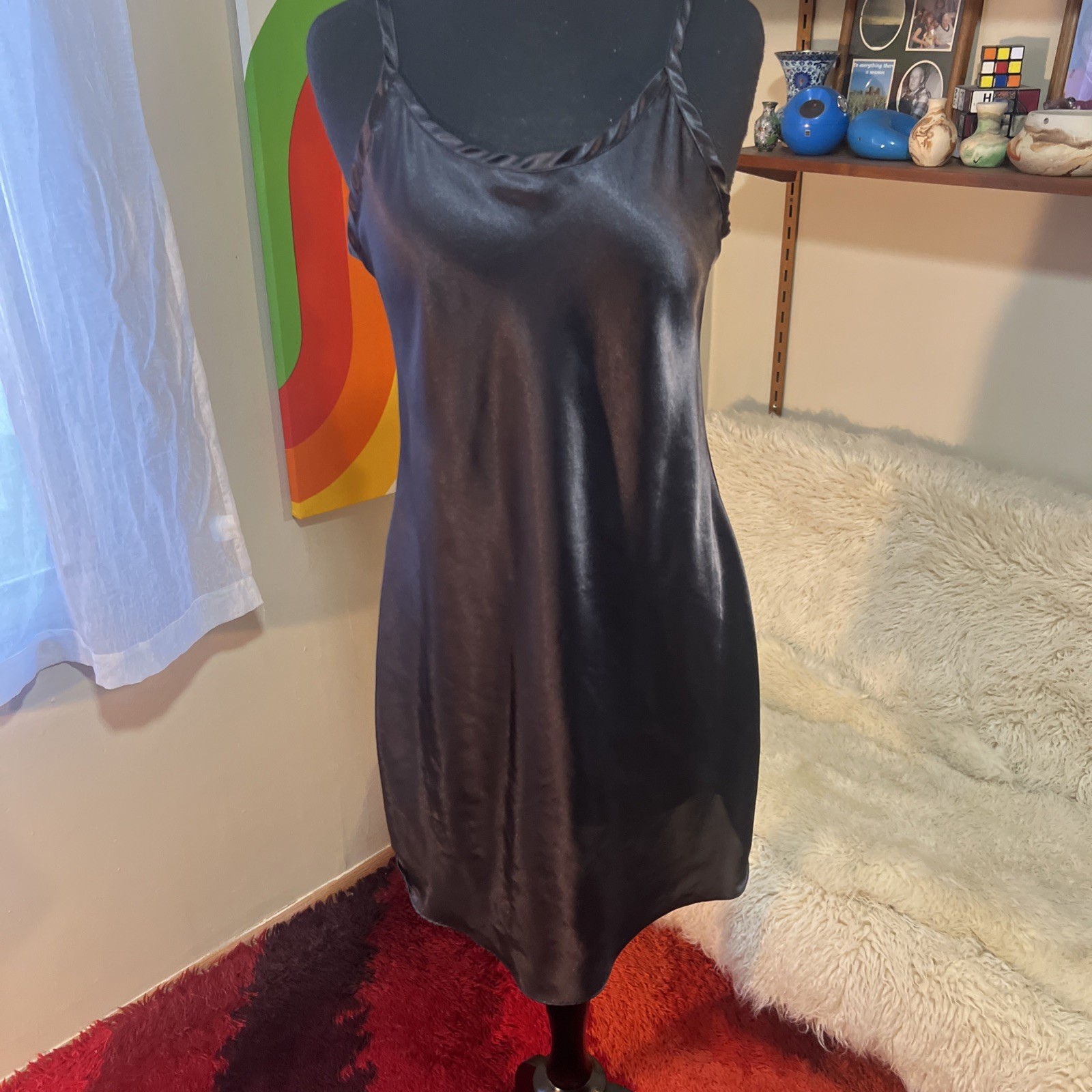 Vtg Gilligan & O’Malley Gold Label Glossy Satin Nightgown Slip Dress Black M