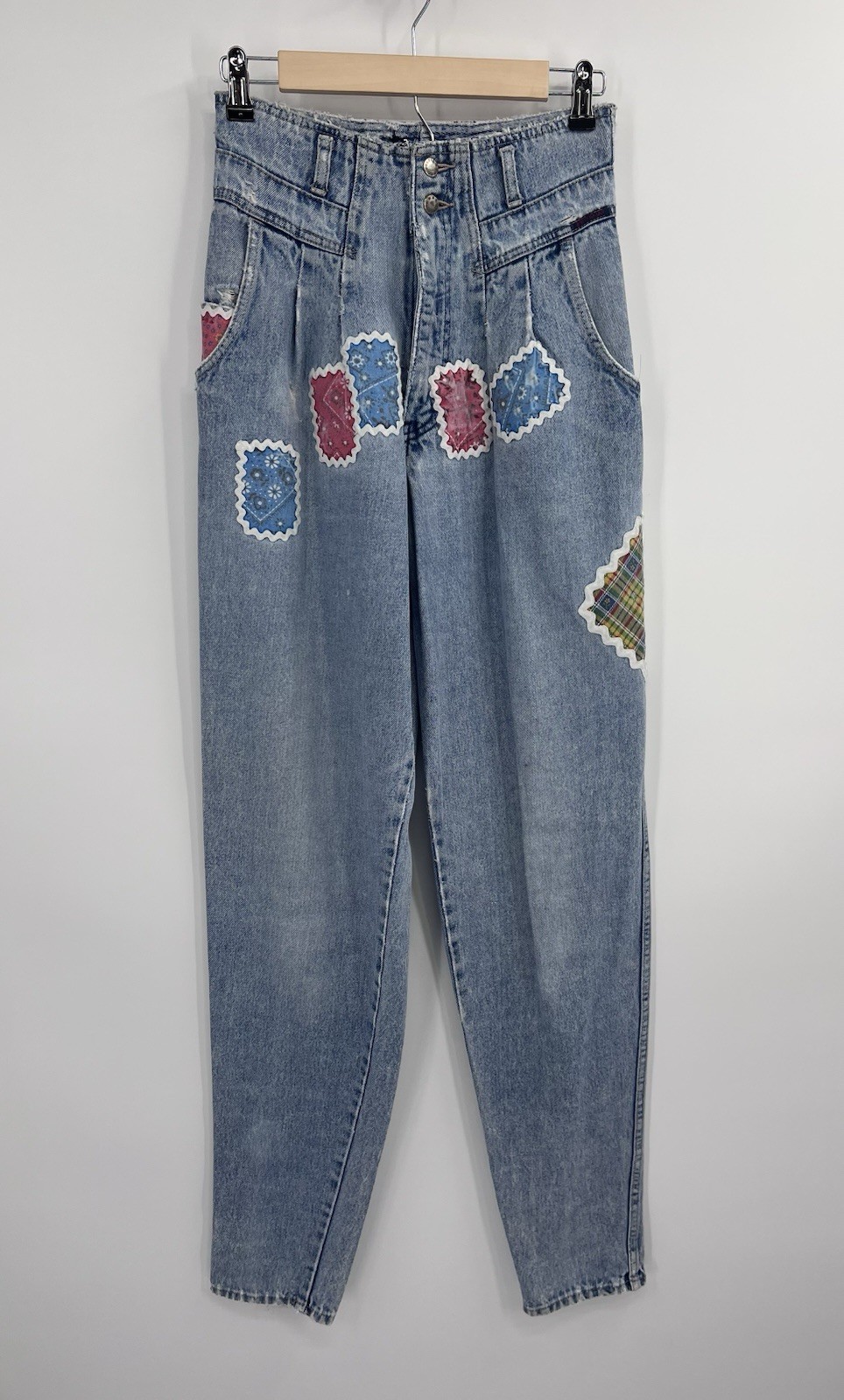VTG Britannia 80s High Waisted Acid Wash Patchwork 8 Tall Jeans 27×34