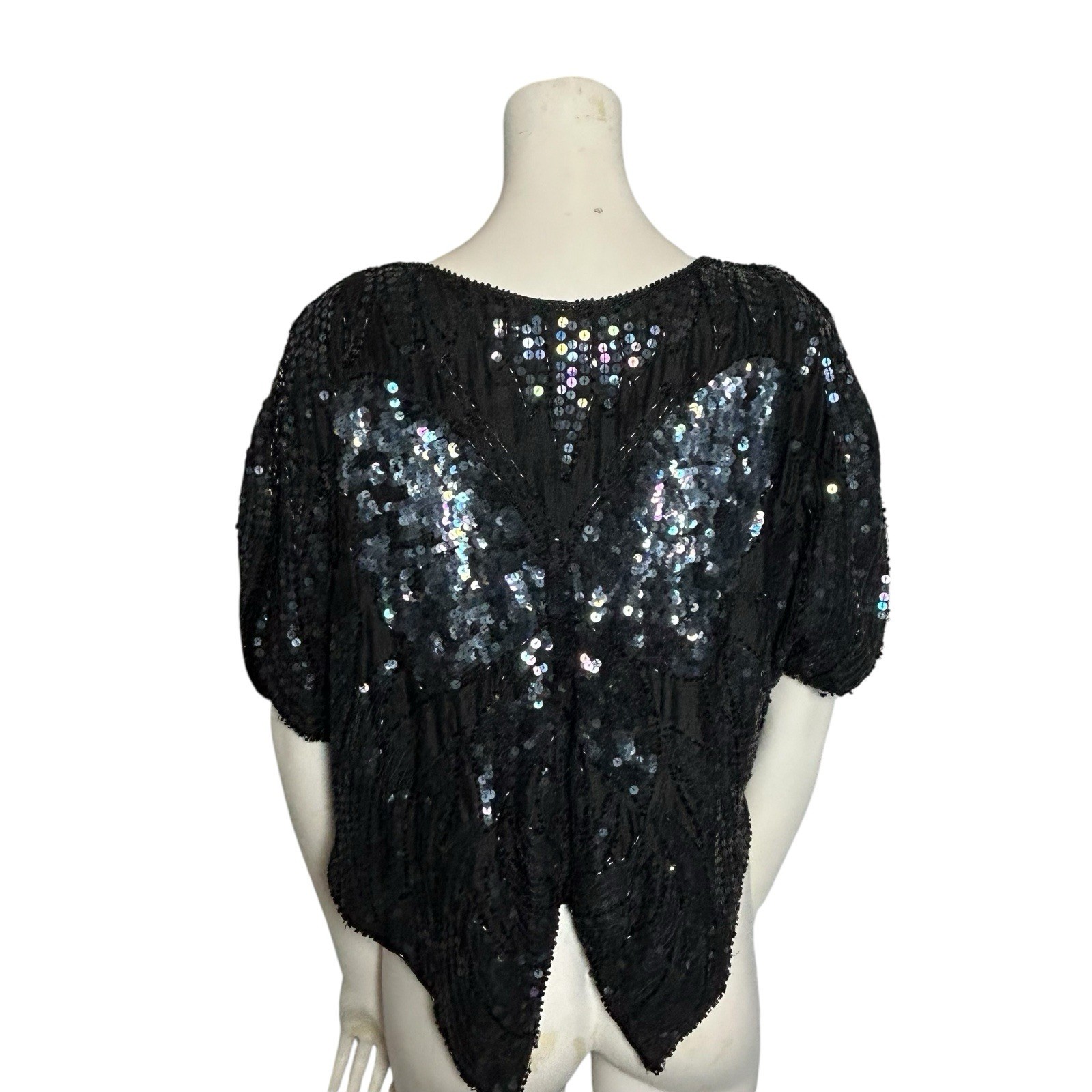 Vintage Linsiano Black Silk Sequin Butterfly Top OS 54” Chest Boho Glam Evening