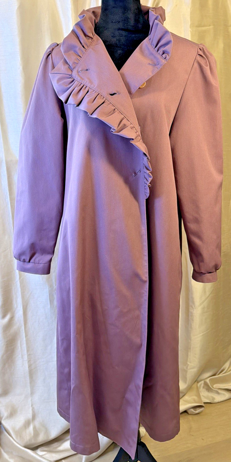 Misty Harbor Mauve Ruffled Gathered Long Rain Trench Coat SZ 12 80&rsquo;s