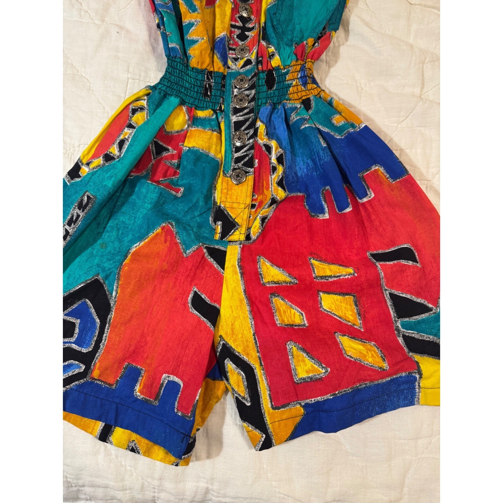 Vintage d.Frank 80s Geometric Primary Color Button Front Cotton Romper Size 8
