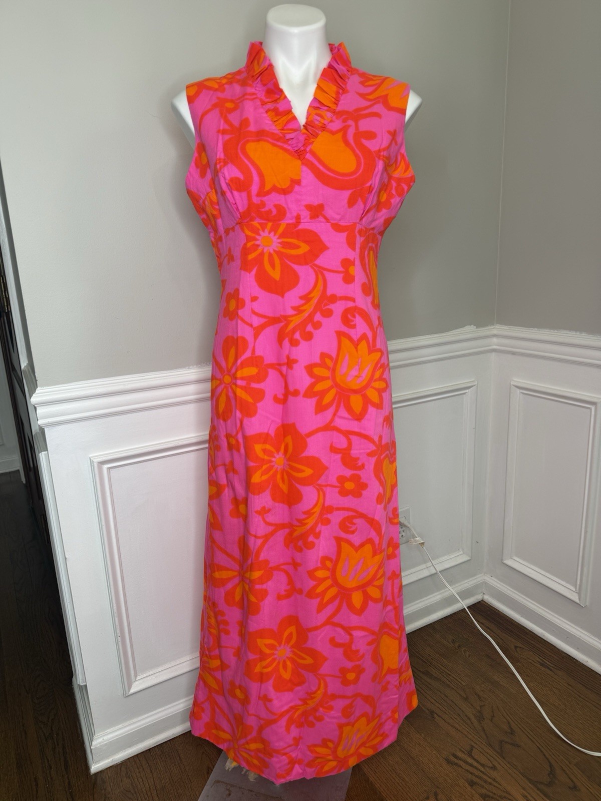 Vintage 4 60s 70s Hawaii M Psychedelic Floral Print maxi Dress Bright Pink N
