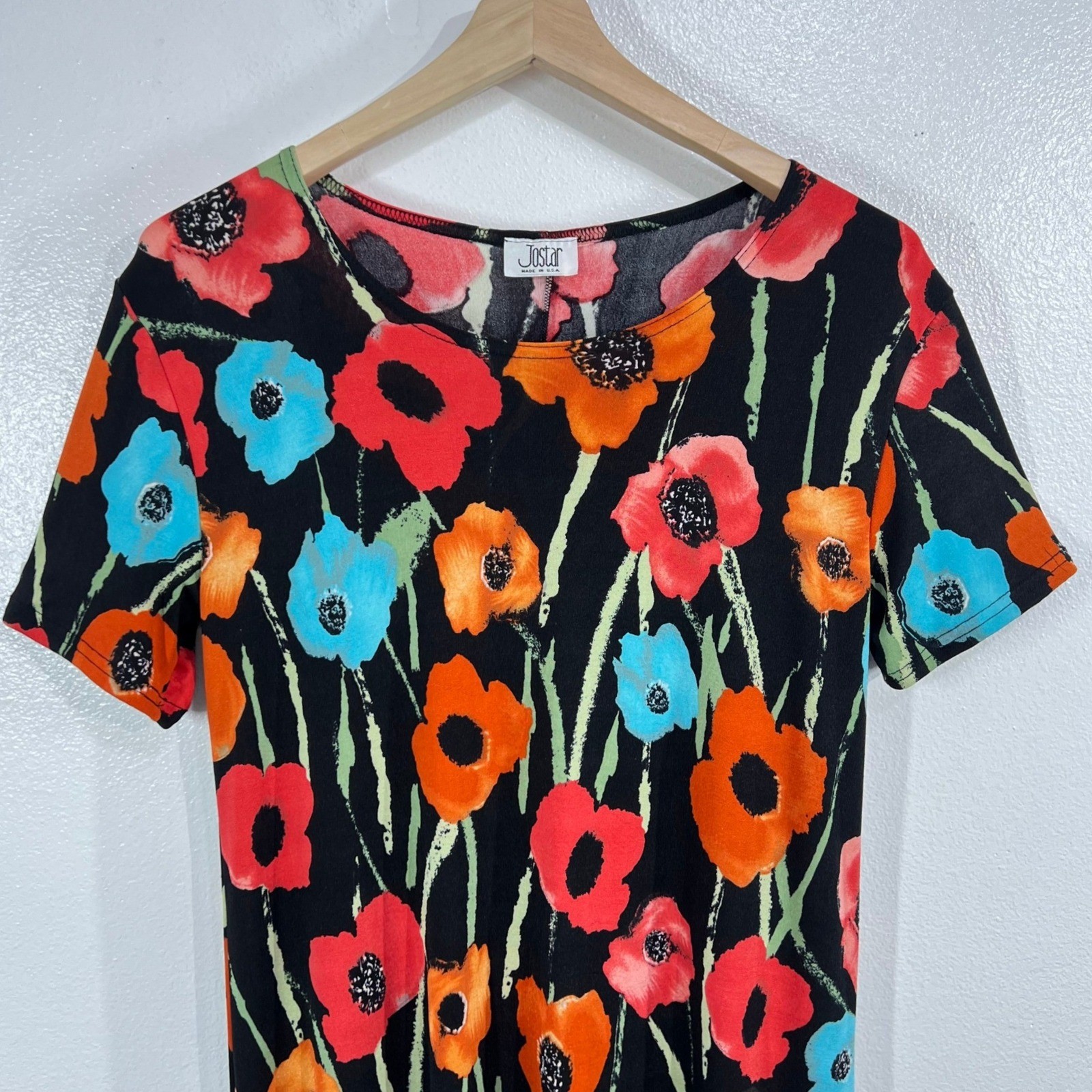 Vtg. Jostar Poppy Floral Travel Maxi Dress Slinky Stretch Knit Short Sleeve USA