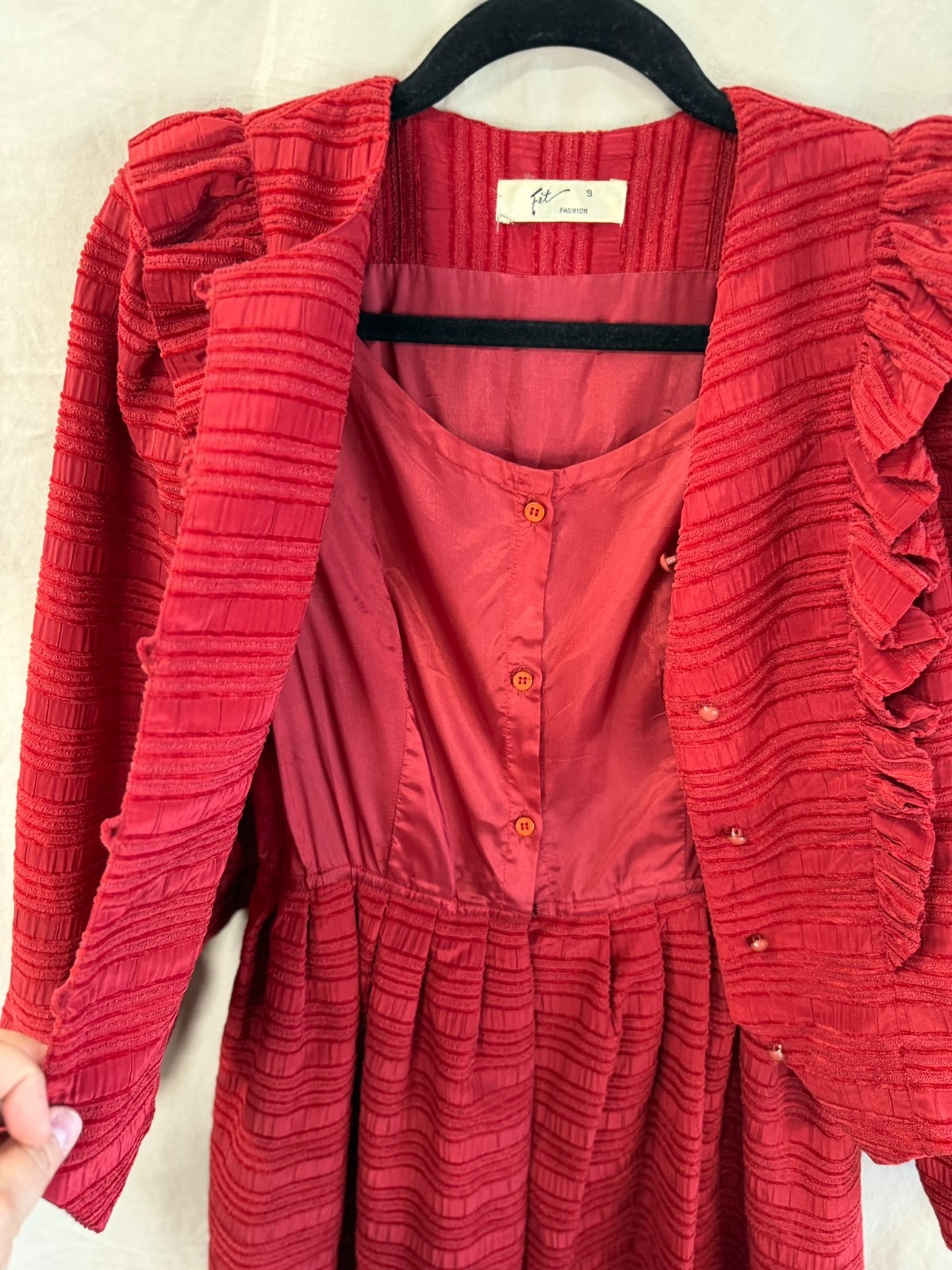 Vintage Red Skirt Suit W/Ruffled Jacket Distinct Horiz. Patt. Size 9 One Piece