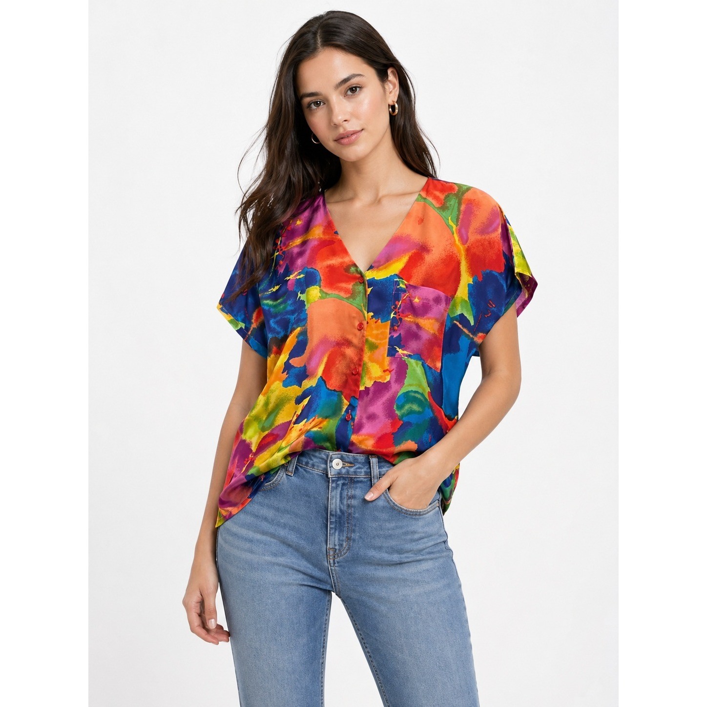 Vintage Antibes Short Sleeve Blouse Abstract Watercolor Art To Wear Maximalist