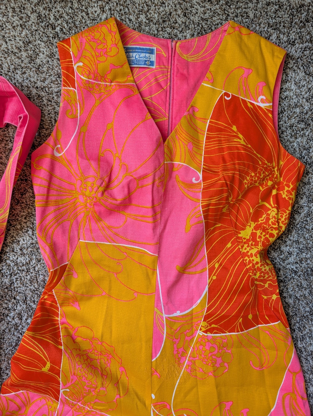 Vtg Psychedelic Floral Waltah Clarks Hawaiian Belted PantSuit jumpsuit M Dress