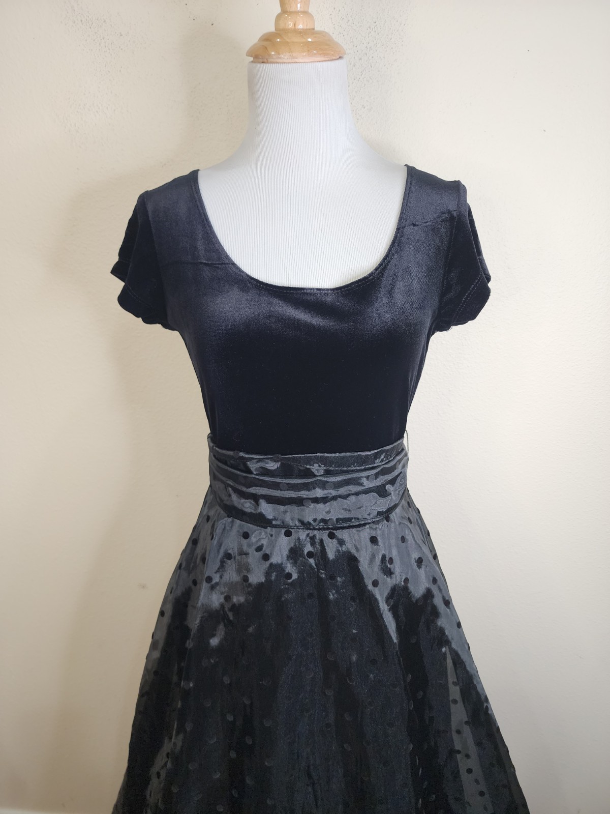 Vintage Velvet Organza Belted 5/6 Short Sleeve Polka Dot Whimsical Fairy Dress