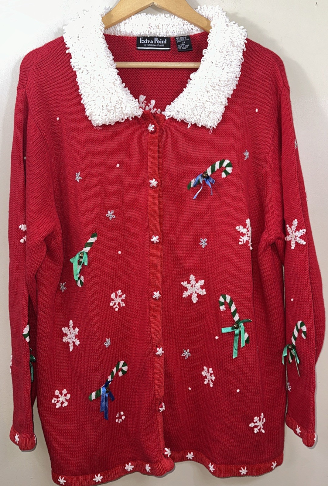 Vintage 90s knit holidays Christmas cardigan Crochet Detail Embroidery Bells 2X