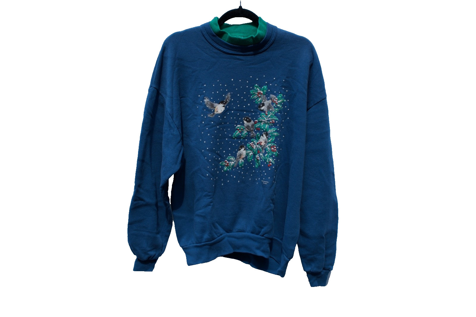 Vintage Dark Blue Winter Theme Sweater Features Chickadees Sweater Size L