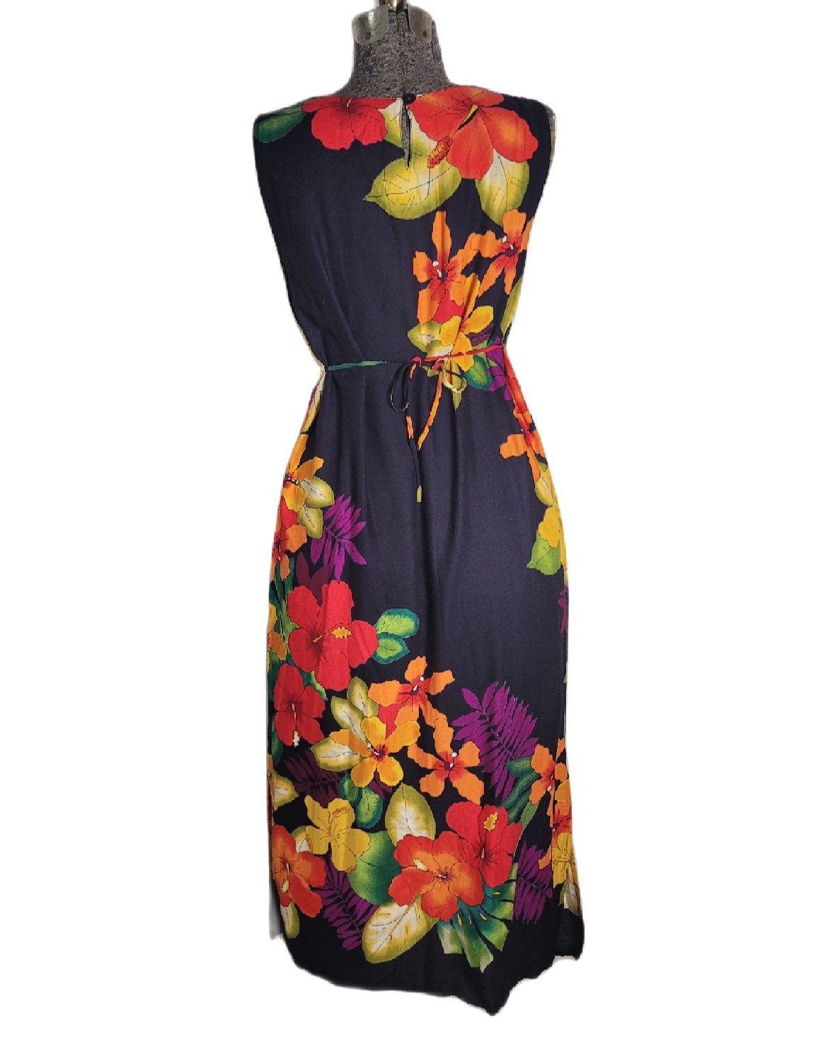 Vintage 80s 90s Black Floral Bright Hawaii Midi Dress Tie Back Shift M/L Beaded